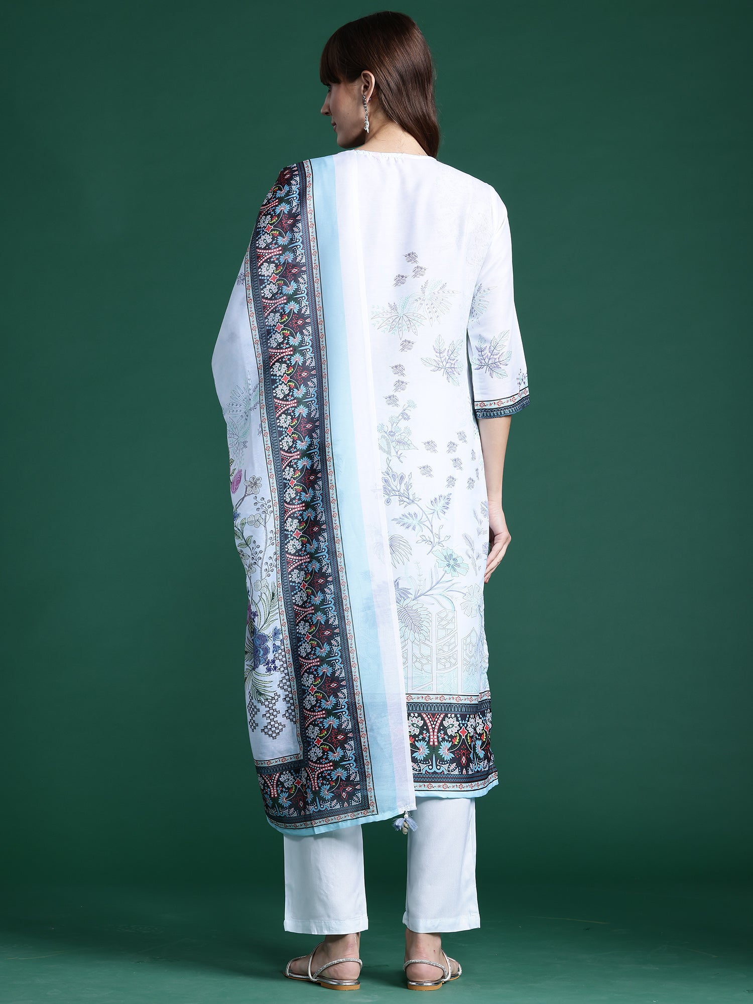 Blue Printed Straight Kurta Trousers With Dupatta Set
