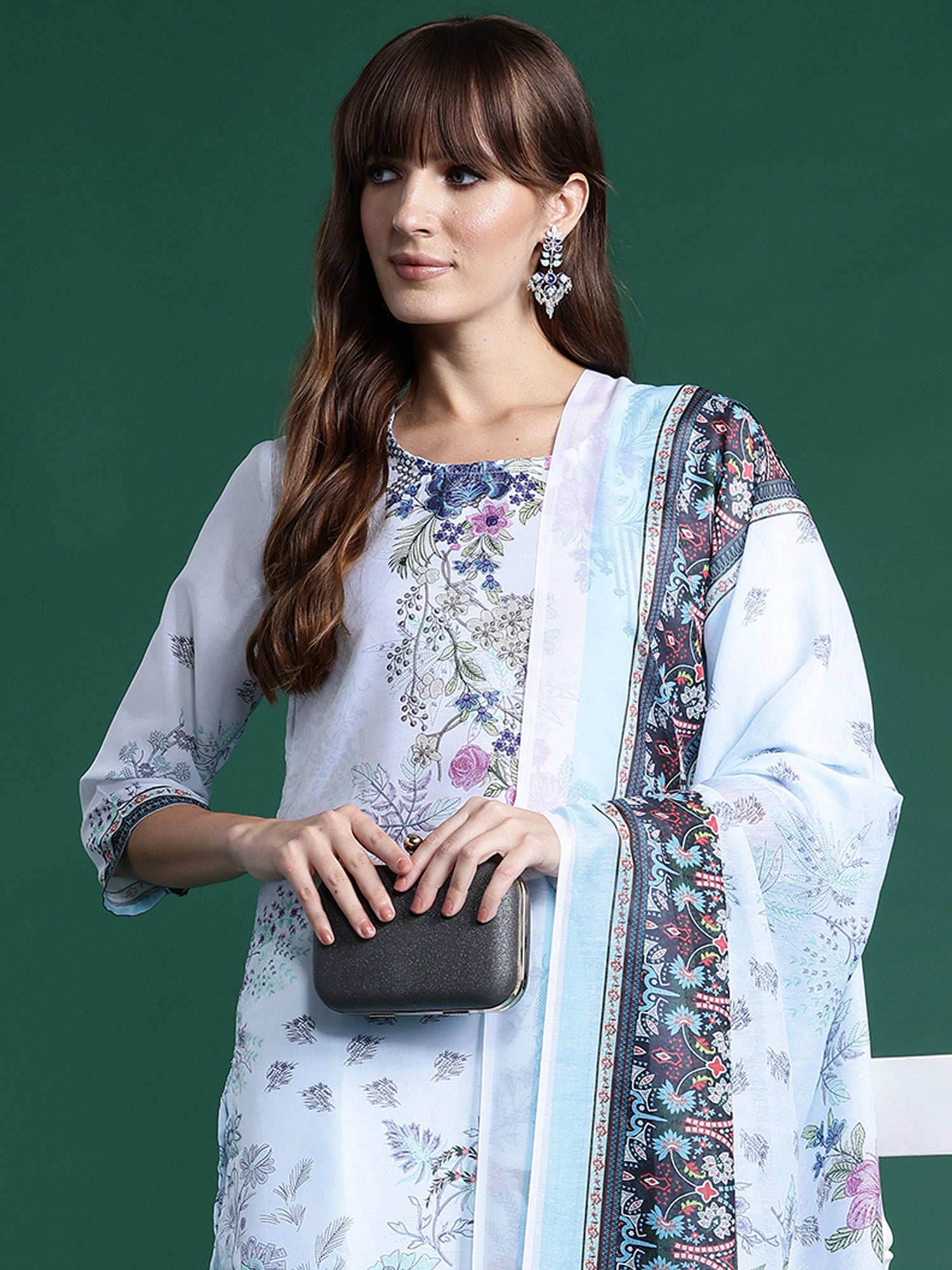 Blue Printed Straight Kurta Trousers With Dupatta Set