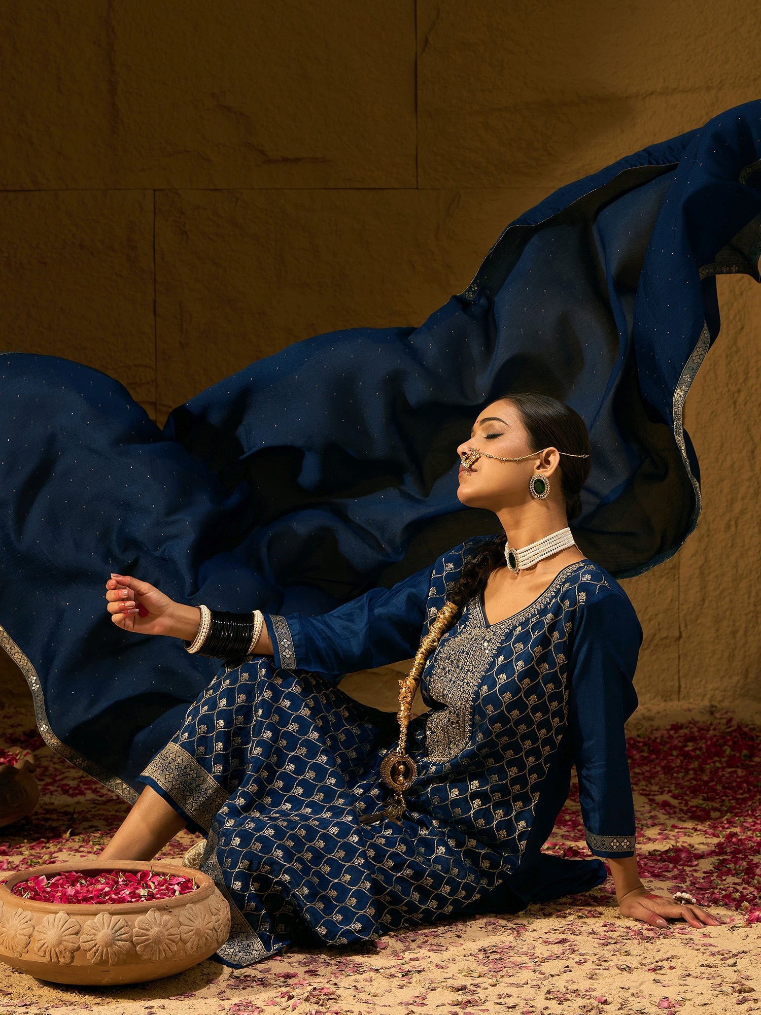 Blue Embroidered Straight Kurta Trousers With Dupatta Set