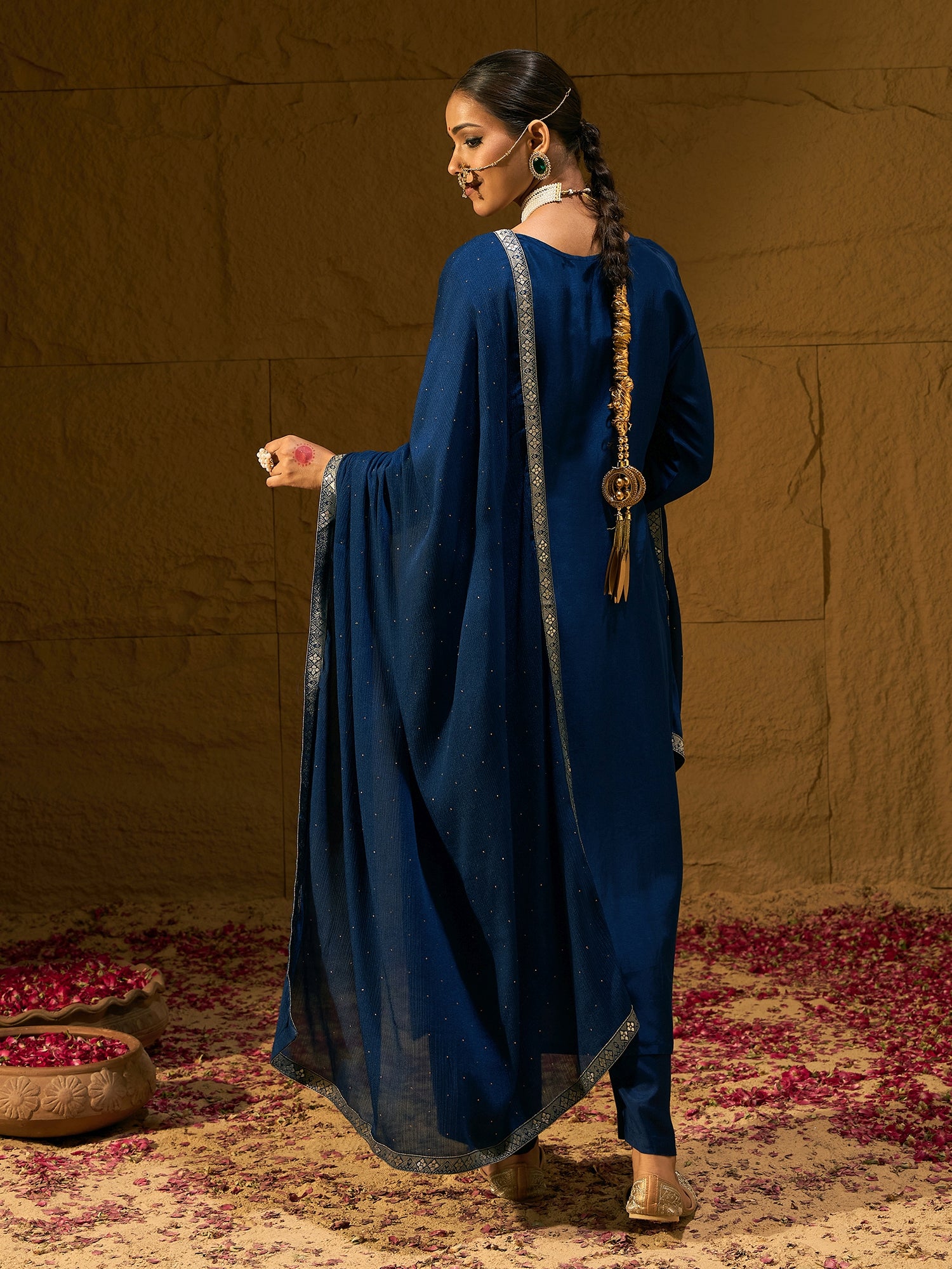 Blue Embroidered Straight Kurta Trousers With Dupatta Set
