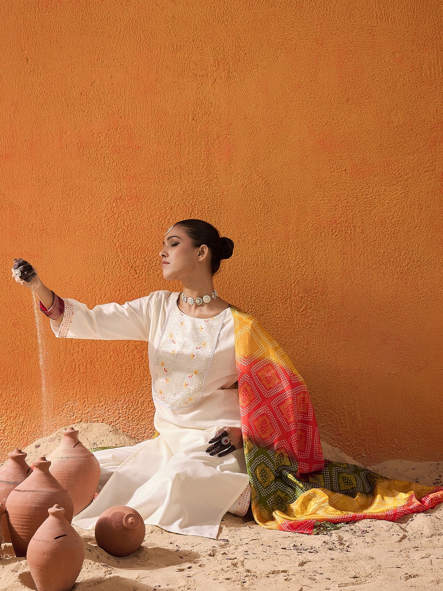 White Yoke Design Straight Kurta Trousers With Dupatta set