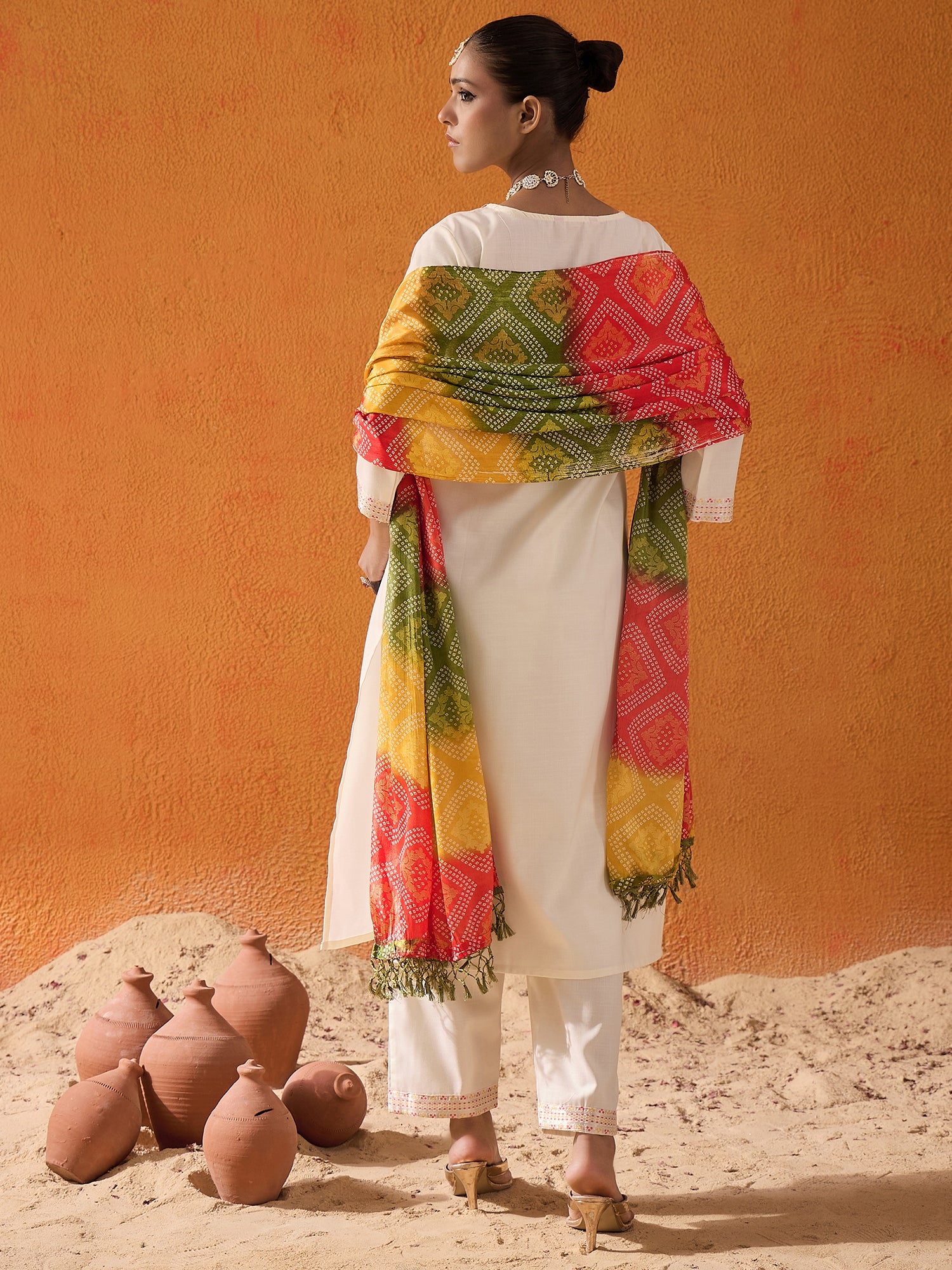 White Yoke Design Straight Kurta Trousers With Dupatta set