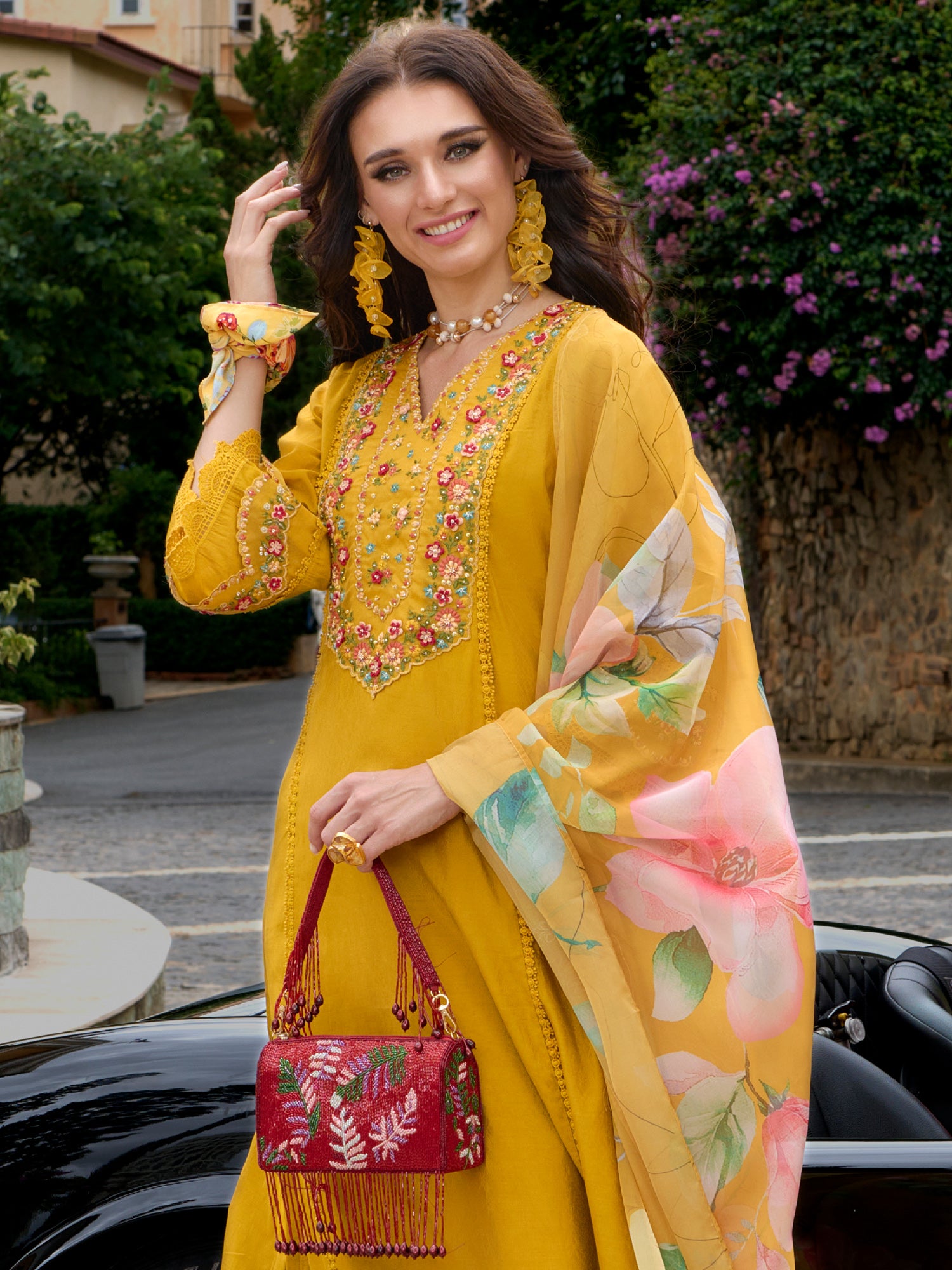 Mustard Embroidered A-Line Kurta Trousers With Dupatta Set