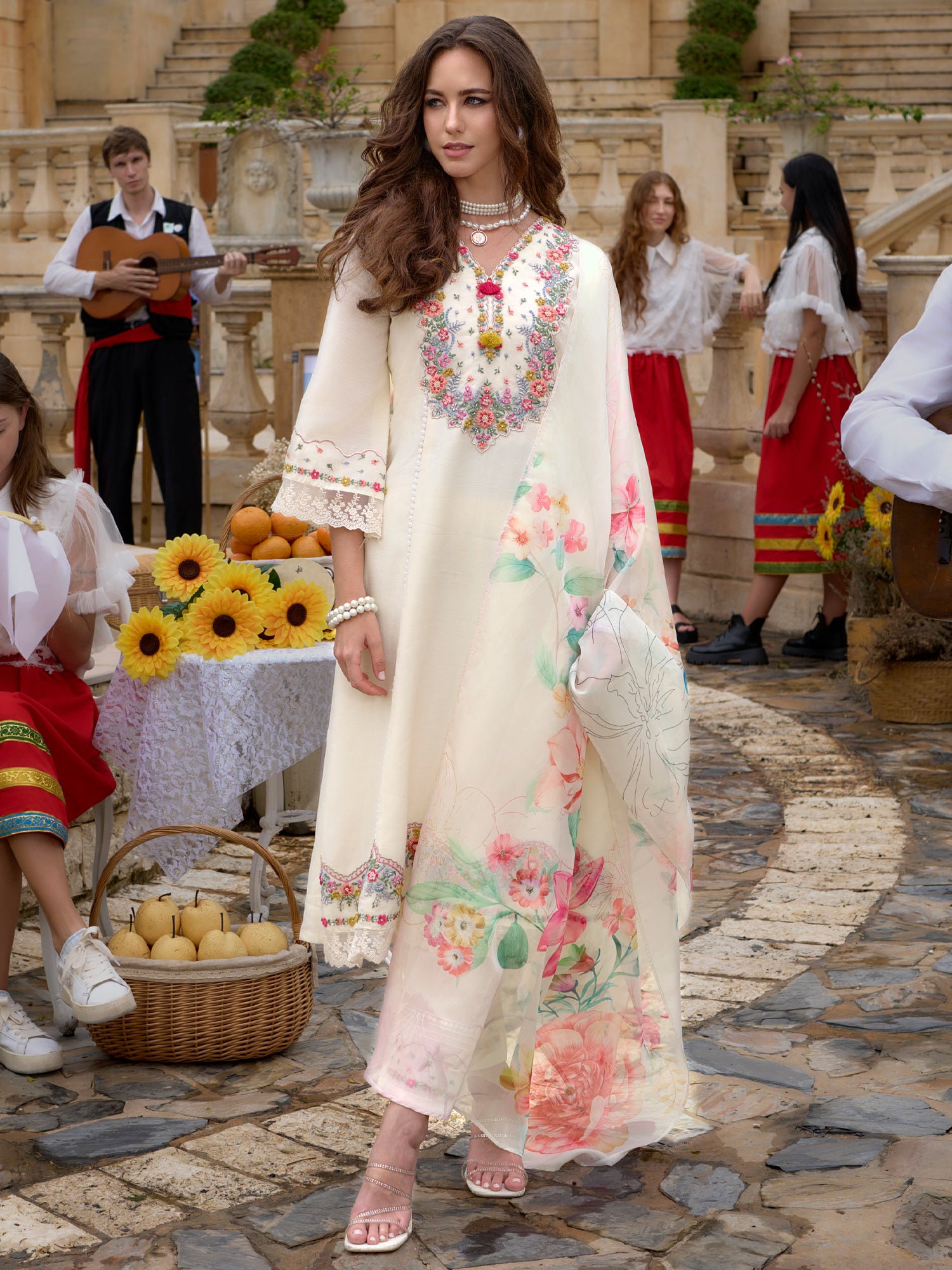 Off White Embroidered A-Line Kurta Trousers With Dupatta Set