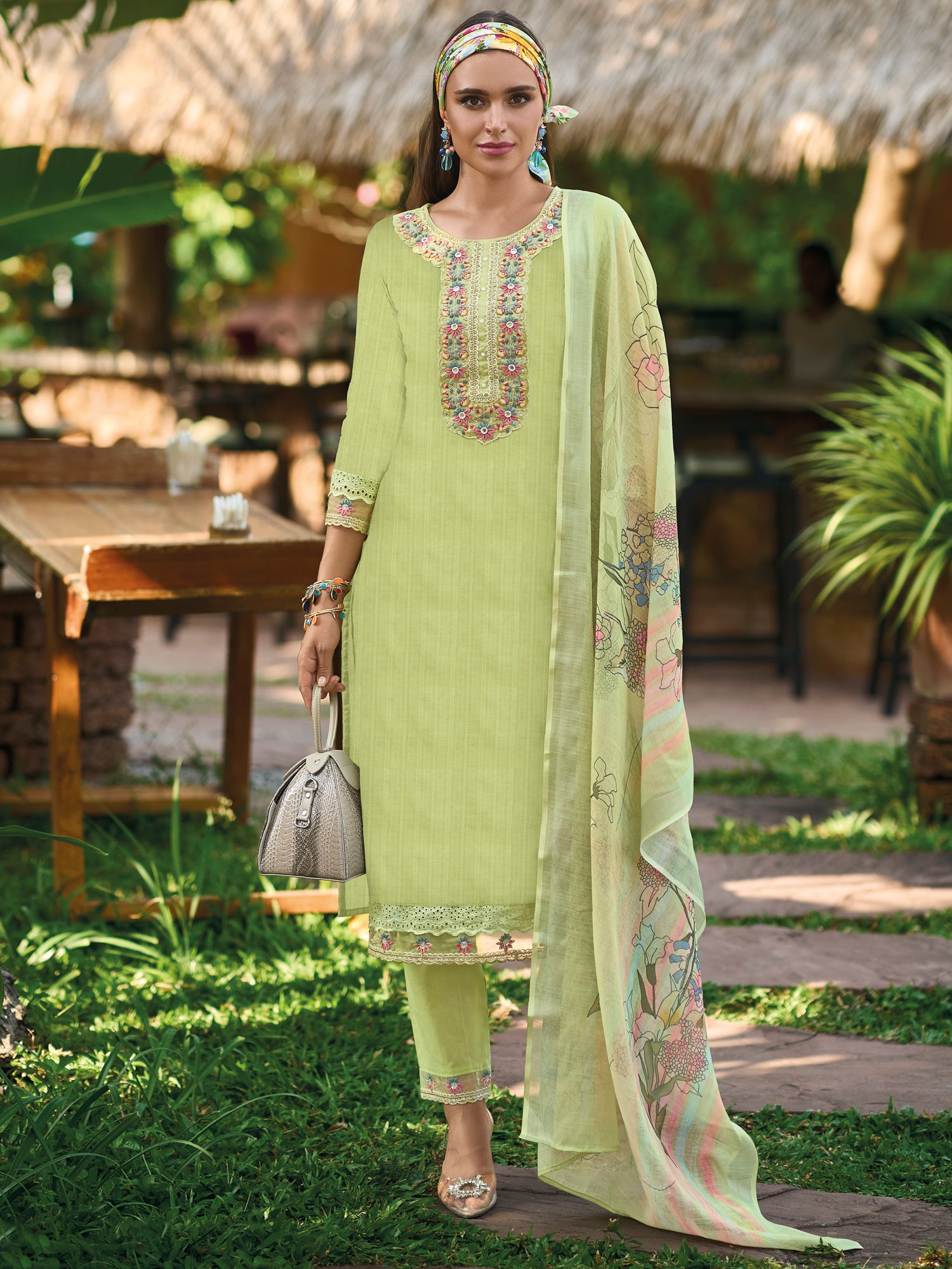 Green Embroidered Straight Kurta Trousers With Dupatta Set