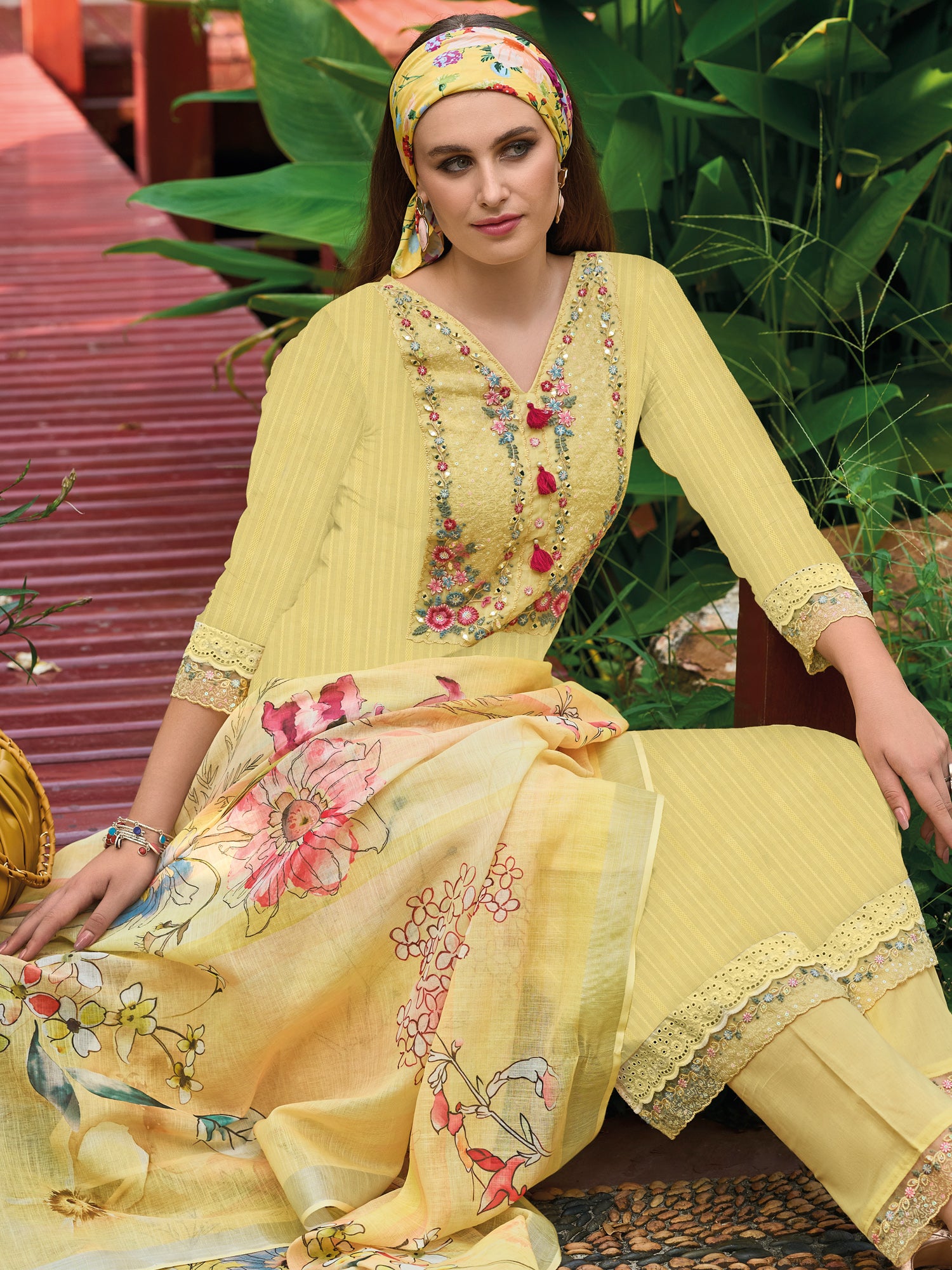 Yellow Embroidered Straight Kurta Trousers With Dupatta Set