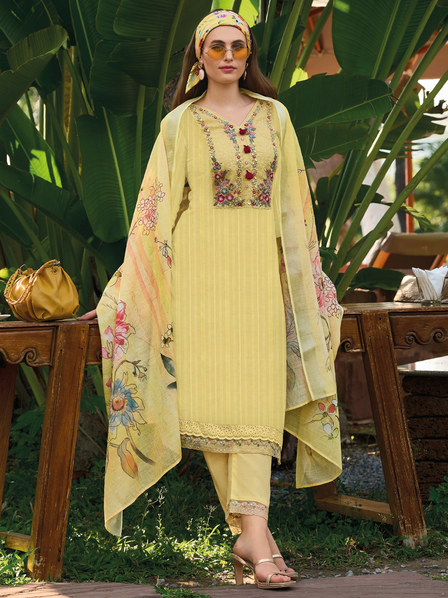 Yellow Embroidered Straight Kurta Trousers With Dupatta Set