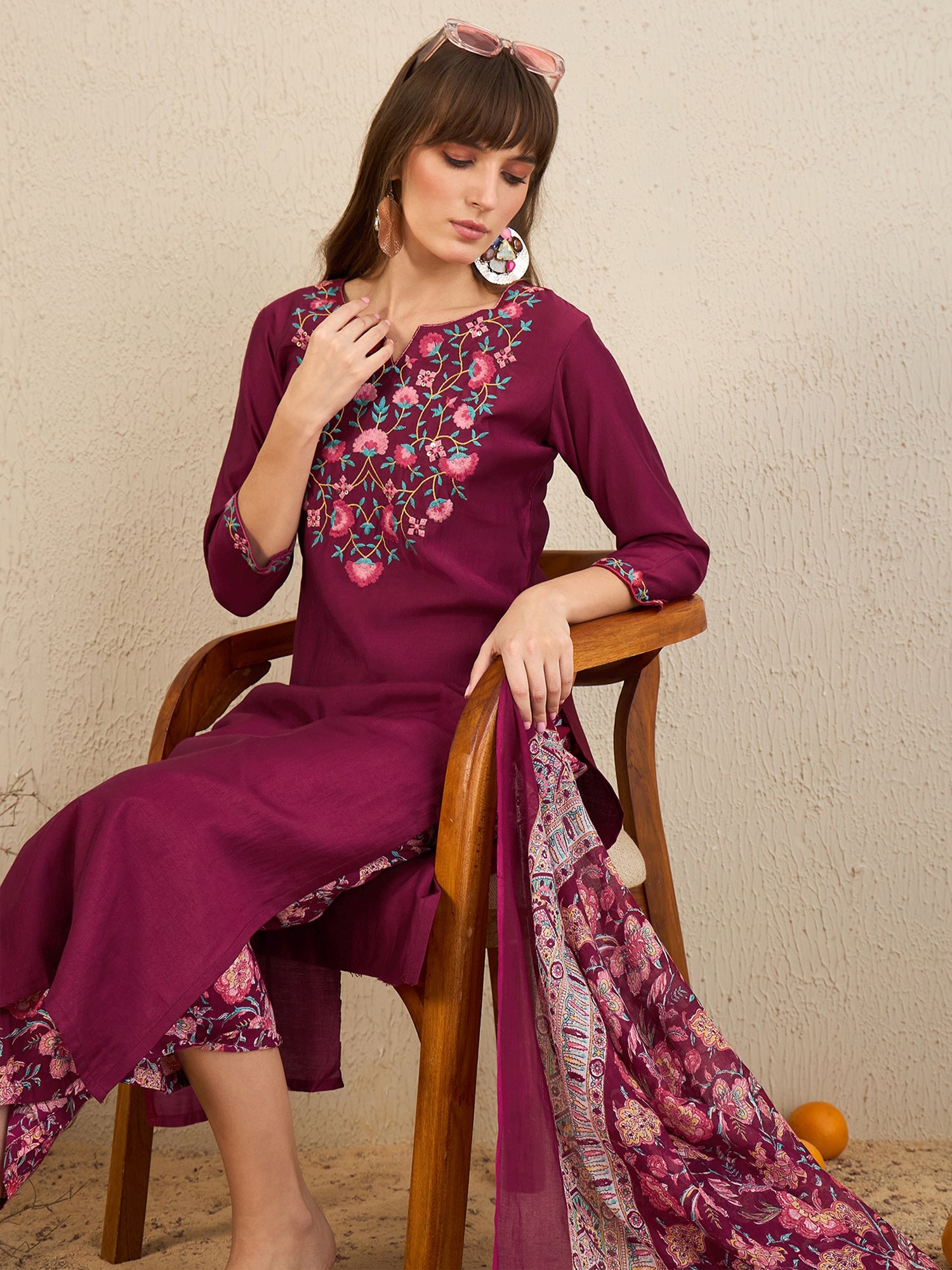 Burgundy Embroidered Straight Kurta Palazzos With Dupatta Set