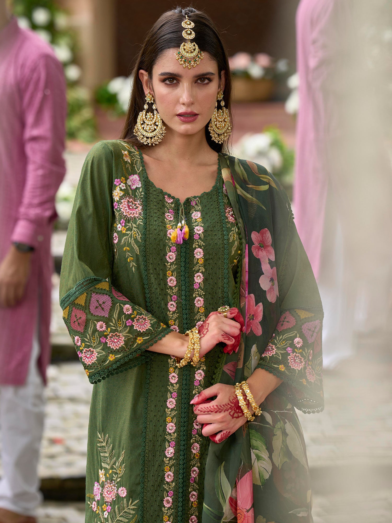 Green Embroidered Straight Kurta Trousers With Dupatta Set
