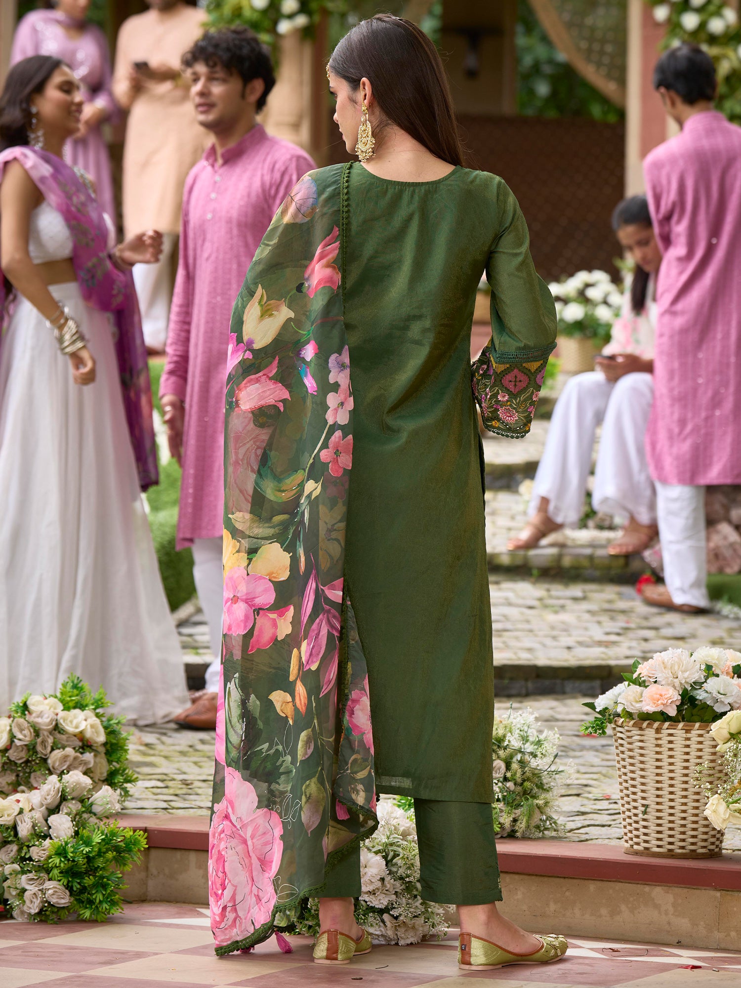 Green Embroidered Straight Kurta Trousers With Dupatta Set
