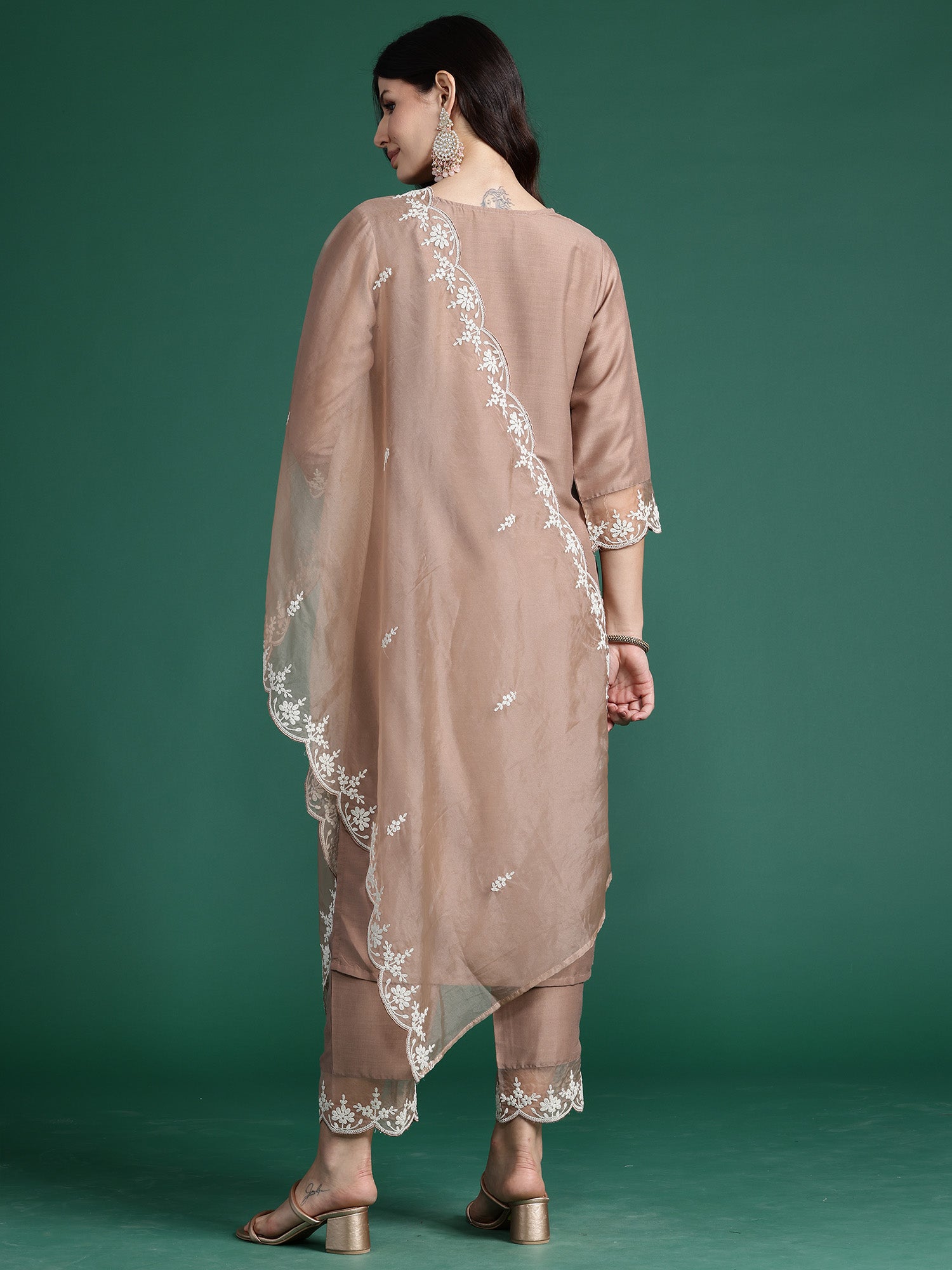 Brown Embroidered Straight Kurta Trousers With Dupatta Set