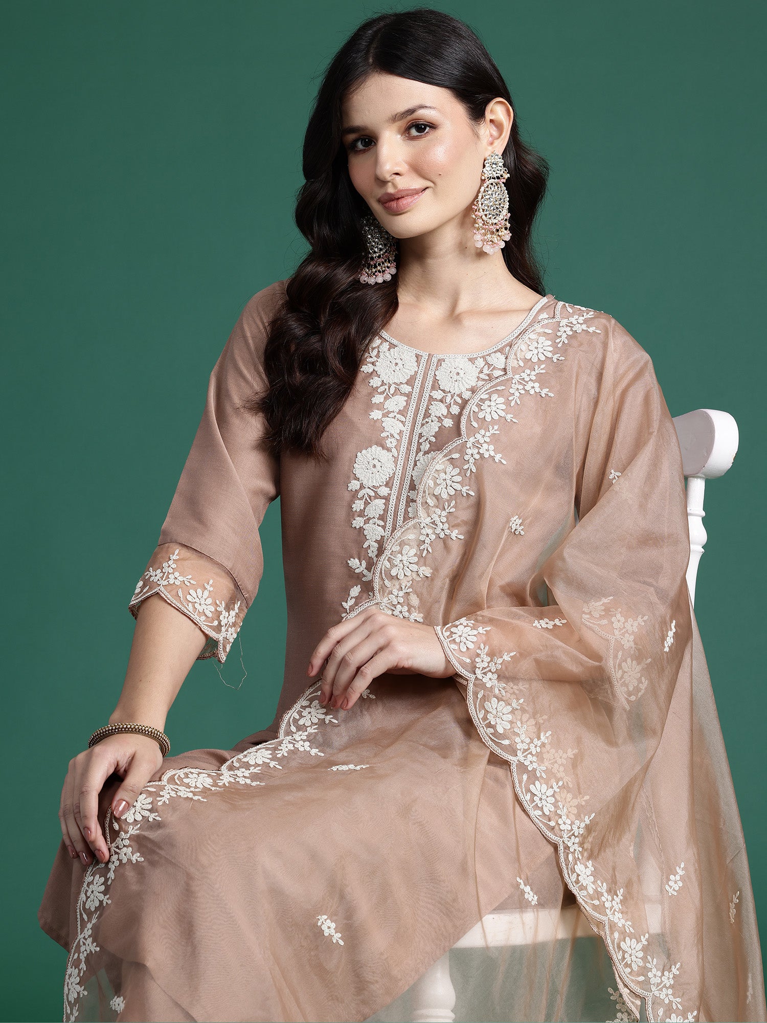 Brown Embroidered Straight Kurta Trousers With Dupatta Set