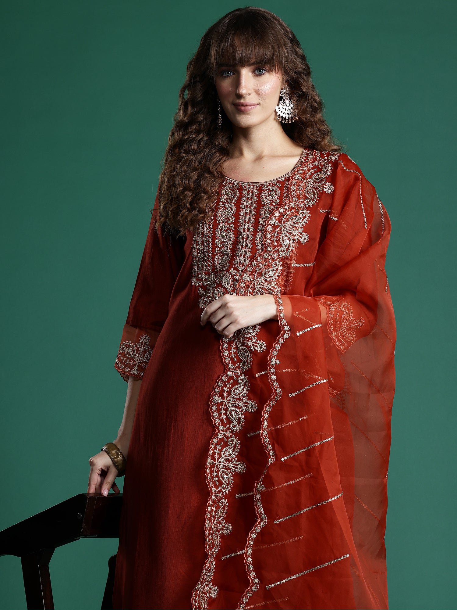 Rust Embroidered Straight Kurta Trousers With Dupatta set