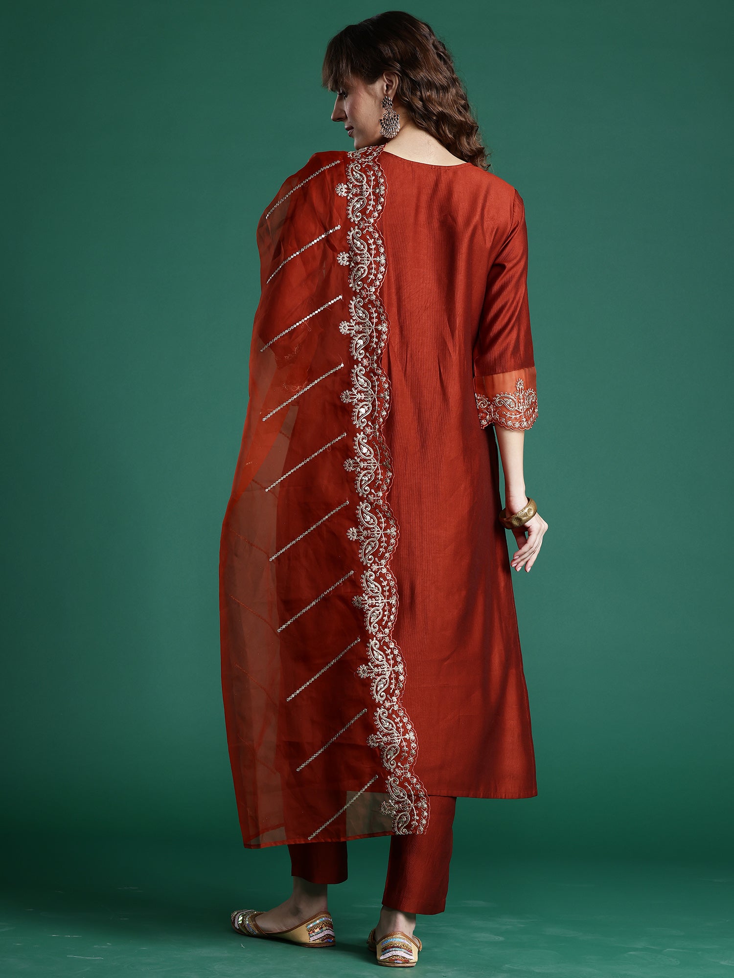 Rust Embroidered Straight Kurta Trousers With Dupatta set