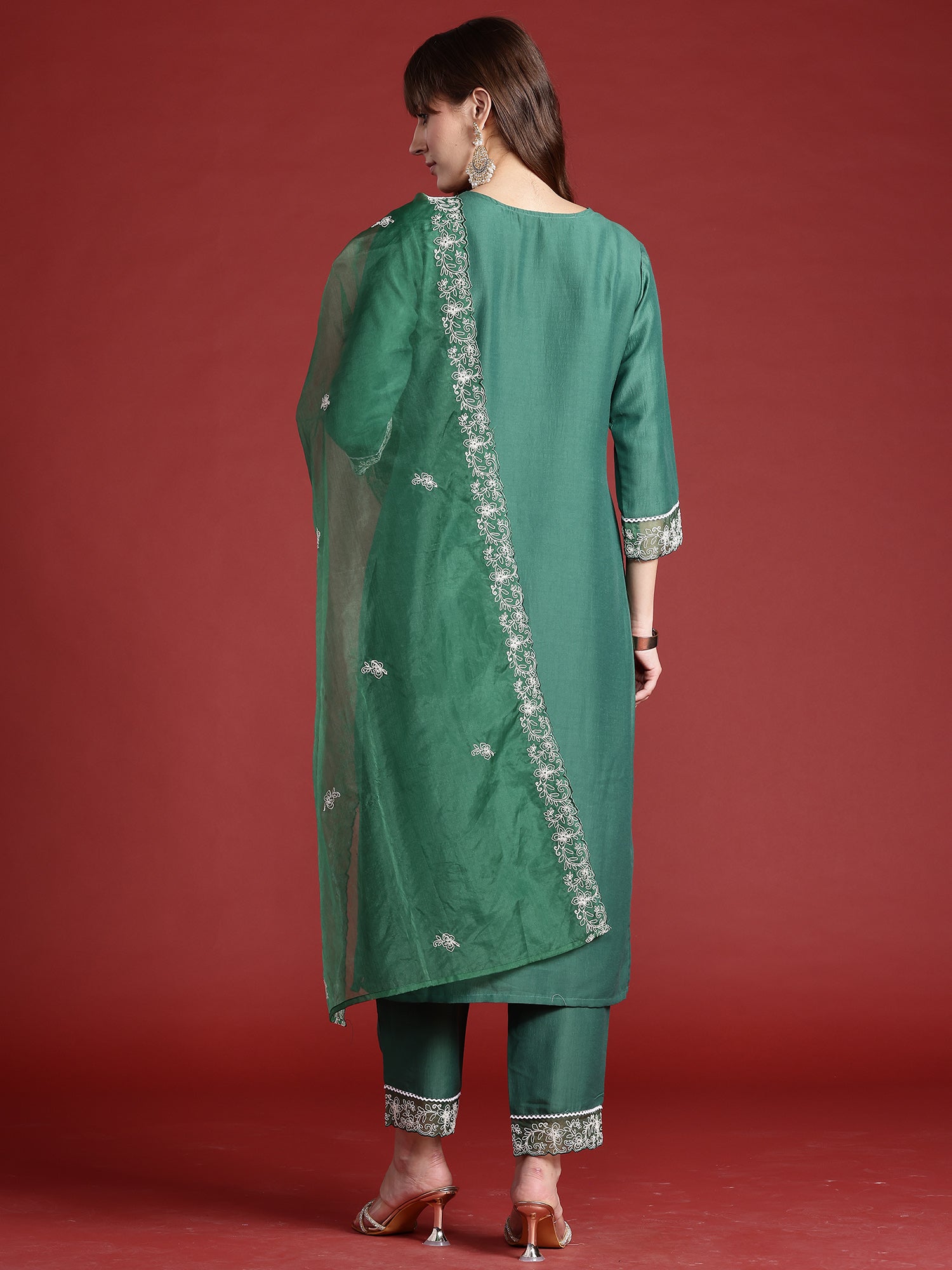 Green Embroidered Straight Kurta Trousers With Dupatta Set