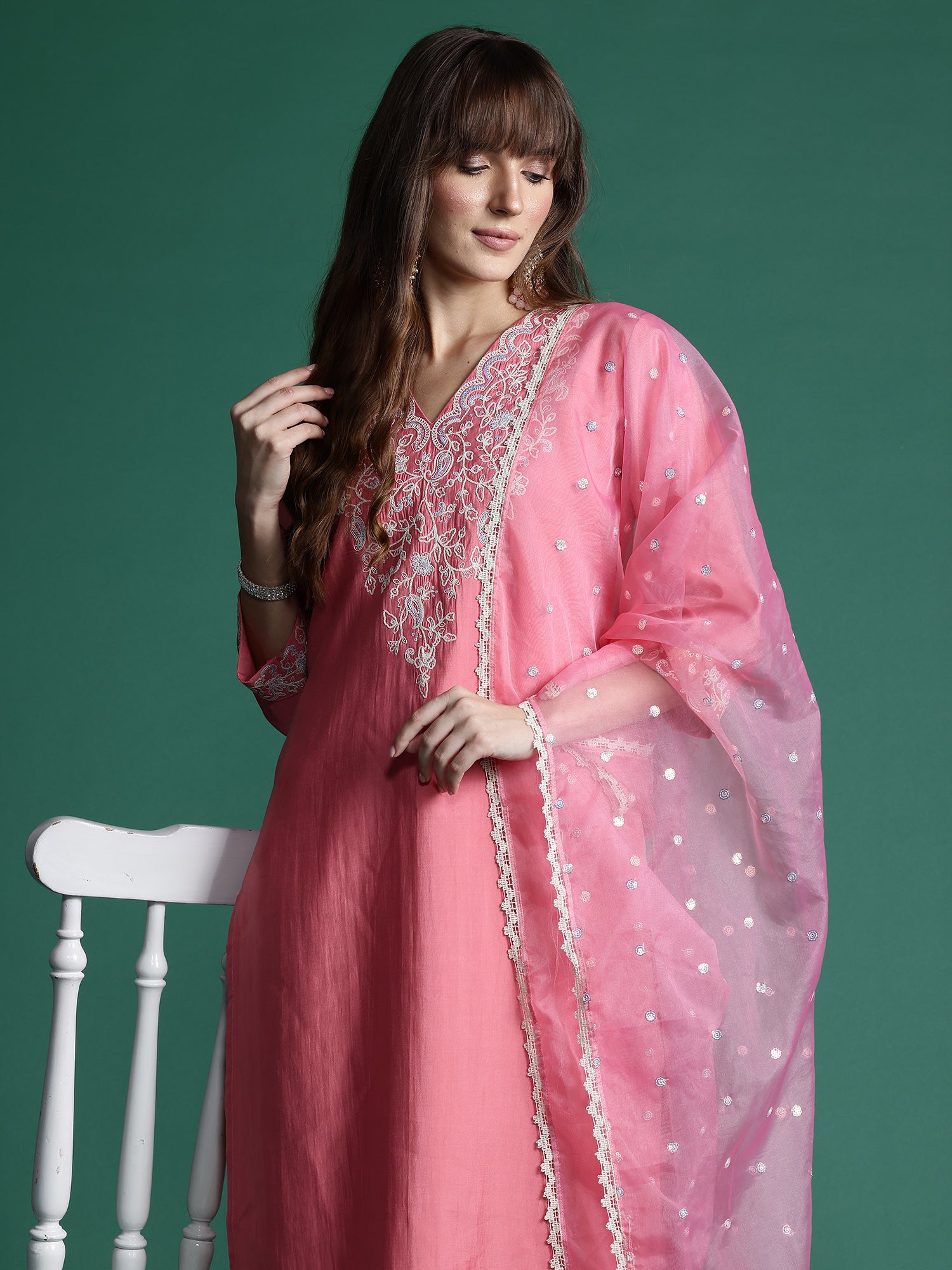 Pink Embroidered Straight Kurta Trousers With Dupatta Set