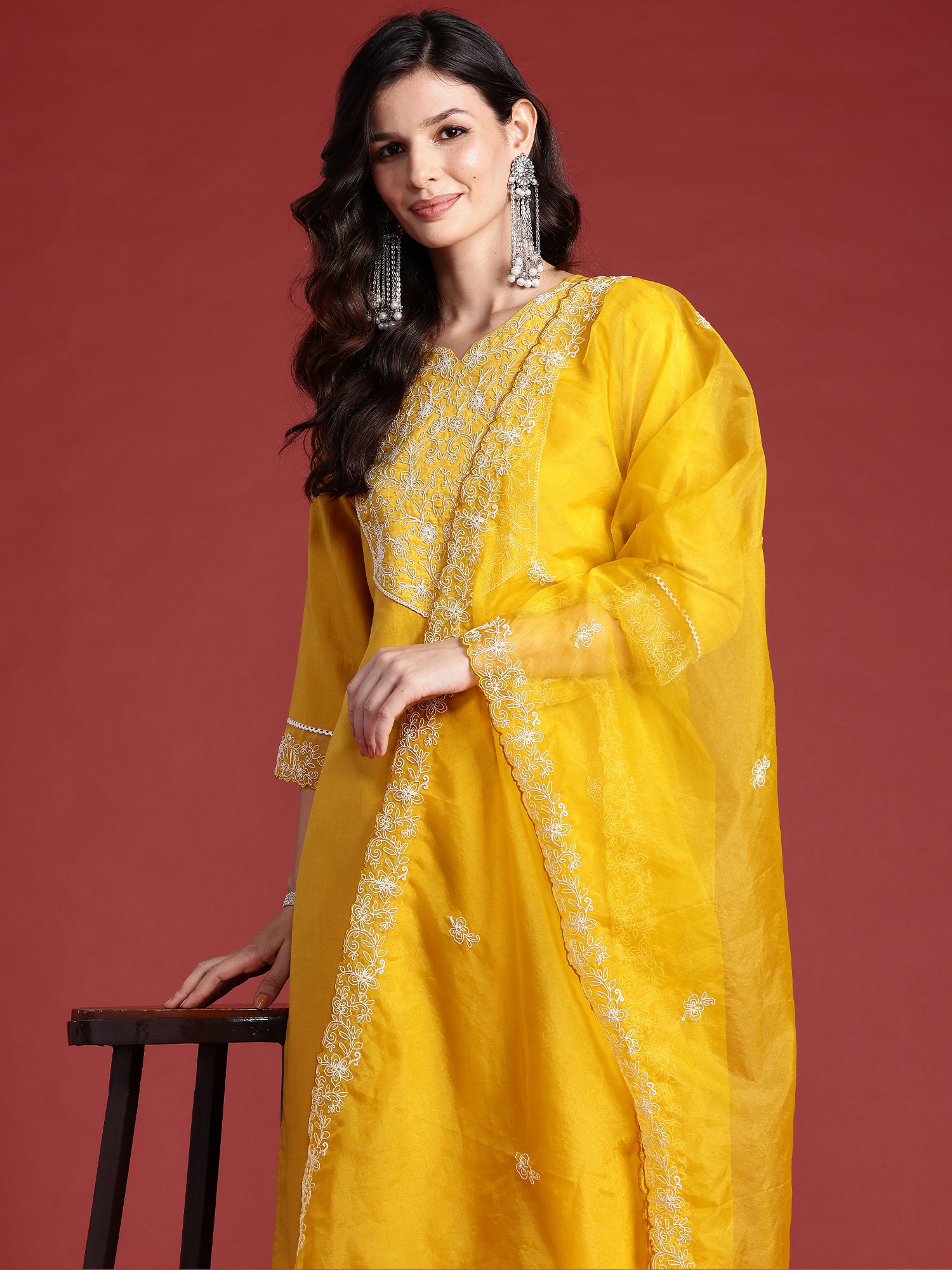 Yellow Embroidered Straight Kurta Trousers With Dupatta Set