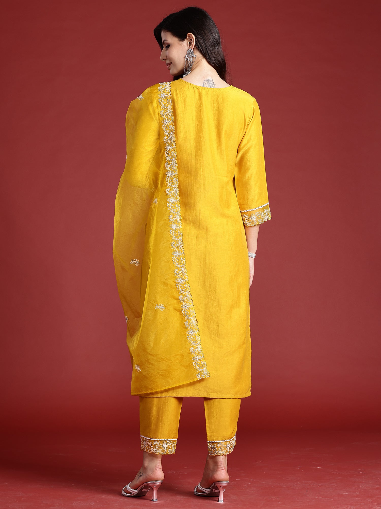 Yellow Embroidered Straight Kurta Trousers With Dupatta Set