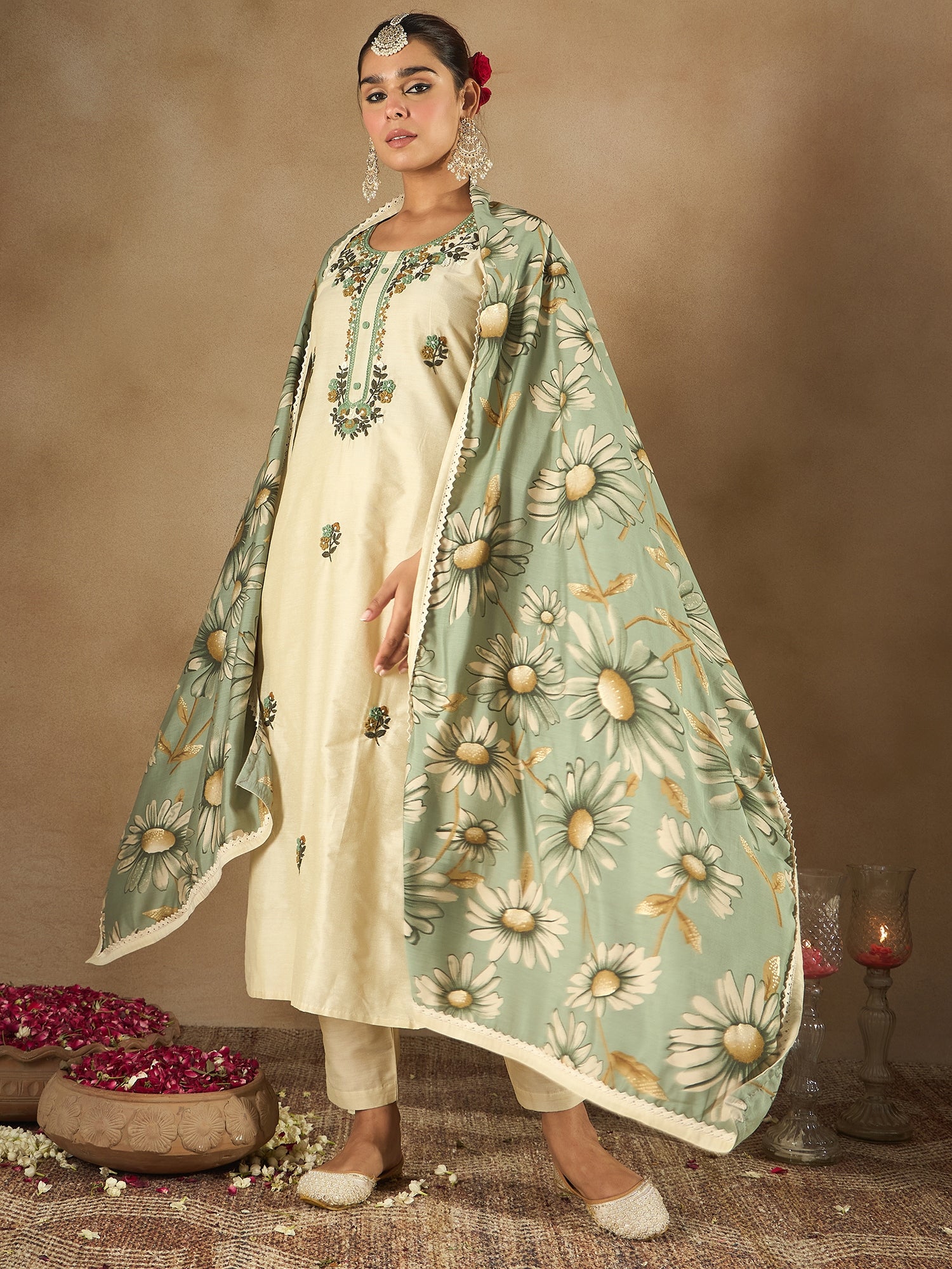 Cream Embroidered Straight Kurta Trousers With Dupatta Set