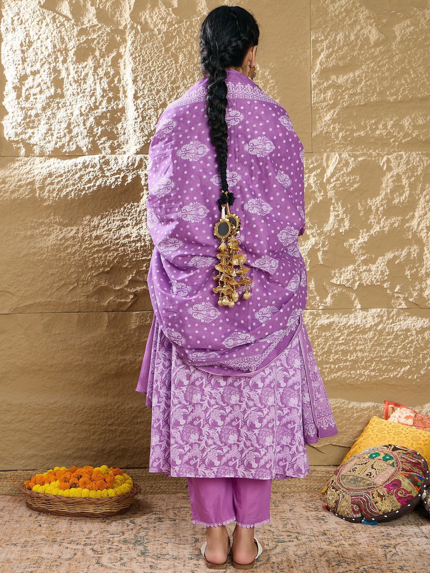 Lavender Printed A-Line Kurta Trousers With Dupatta Set