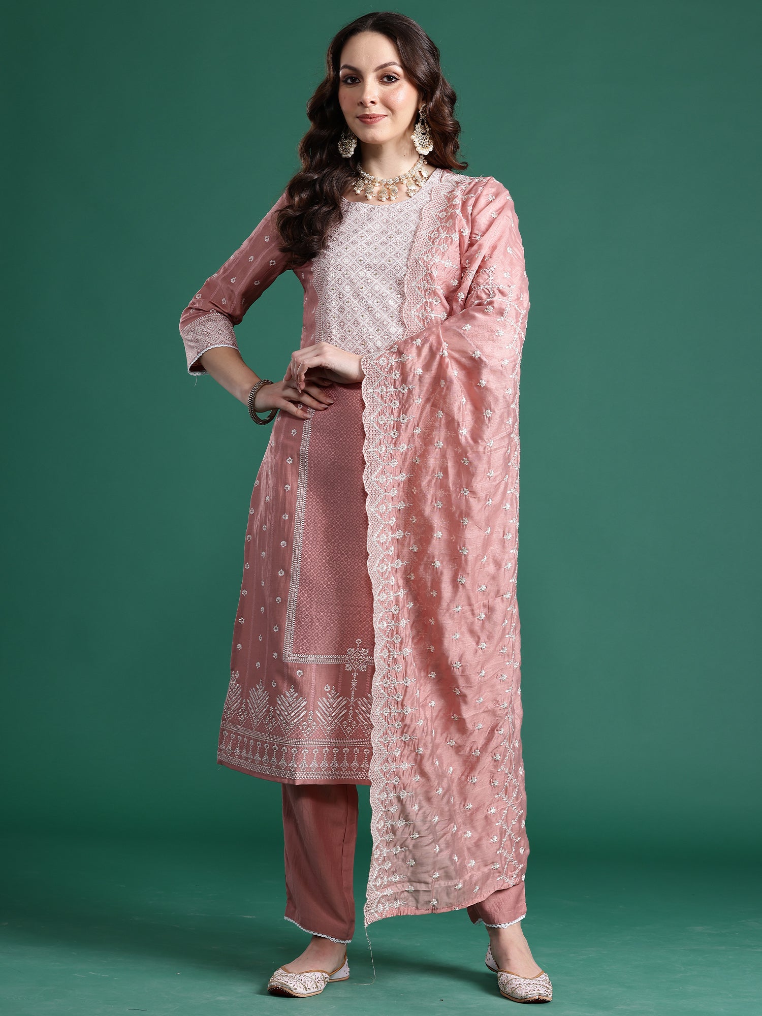 Indo Era Mauve Woven Design Straight Kurta Trousers With Dupatta Set- IE
