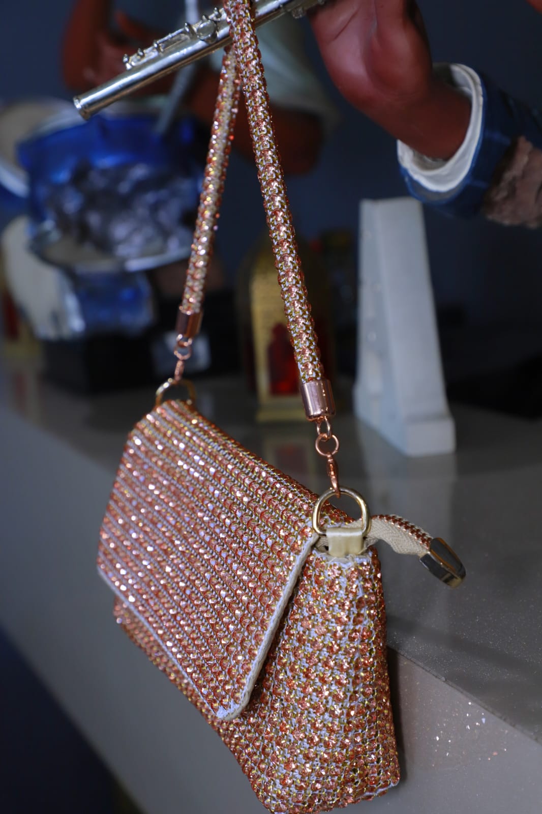 Swarovski Work Heavy Embroidery Rexin Flip Open Rose Gold Women Handbag