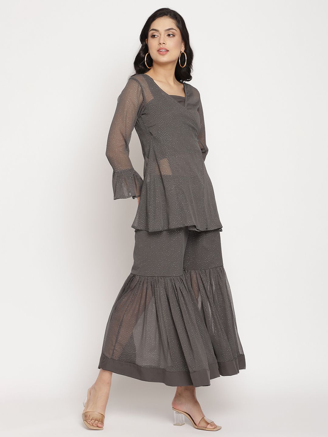 Women's Charcoal Grey Poly Chiffon Angrakha Sharara Set