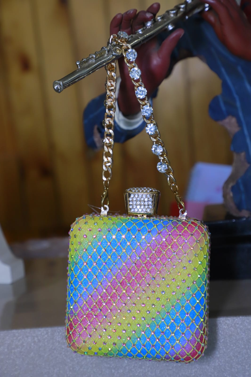 Allover Jaal Swarovski Work Light Embroidery Shimmer Fabric Lock Open Rainbow Colour Women Handbag