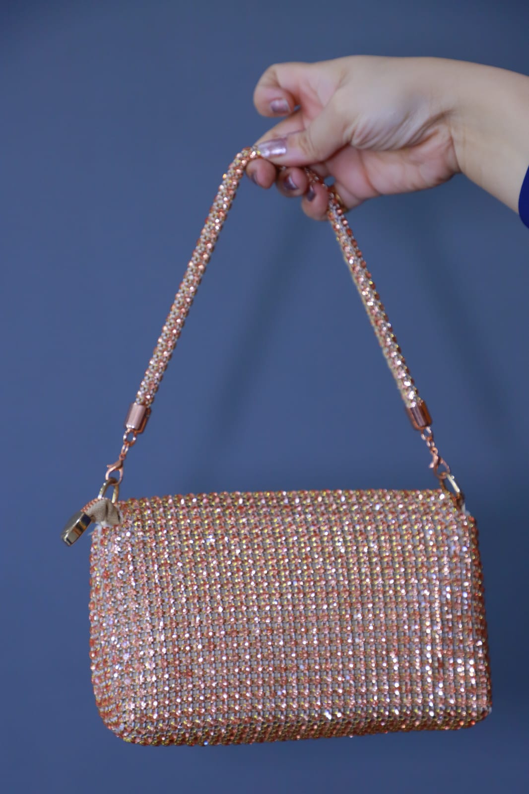 Swarovski Work Heavy Embroidery Rexin Flip Open Rose Gold Women Handbag