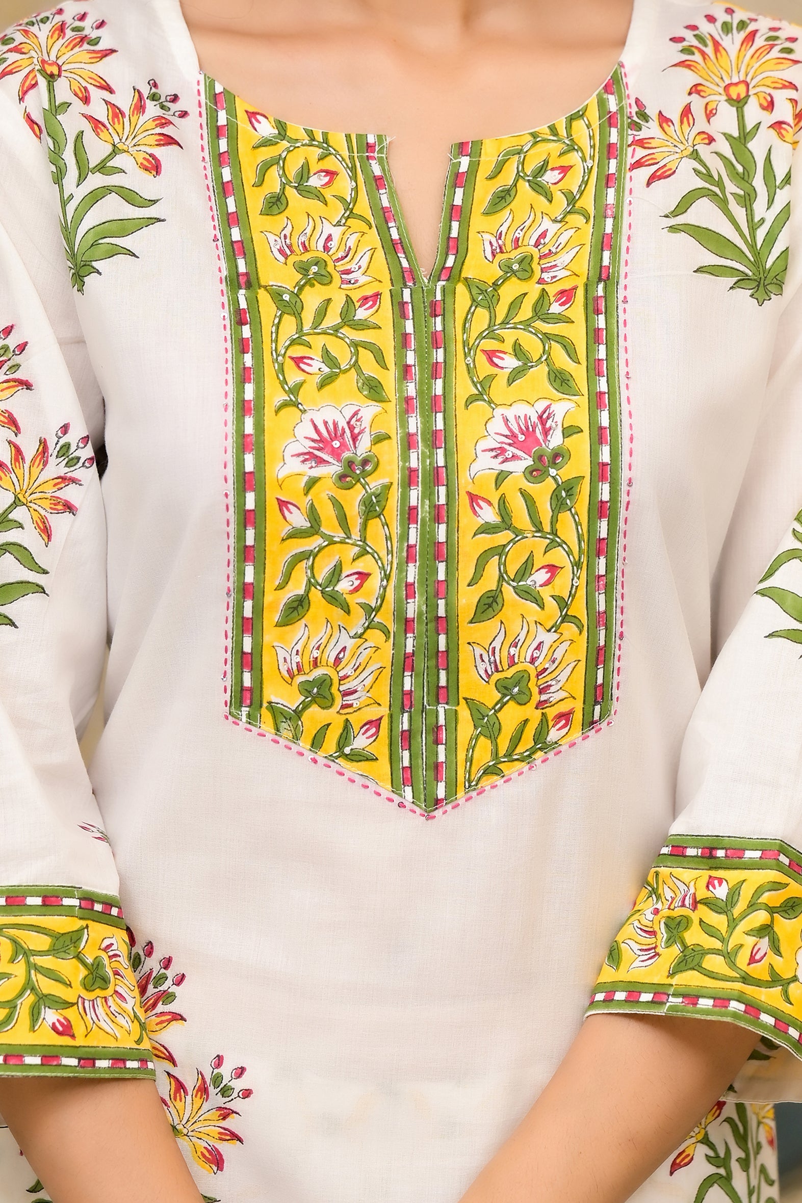 White Cotton Mughal Block Printed Kurta Pant Set With Dupatta