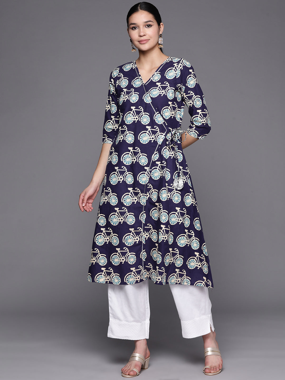 Navy Blue & Off White Pure Cotton Printed Angrakha Kurta