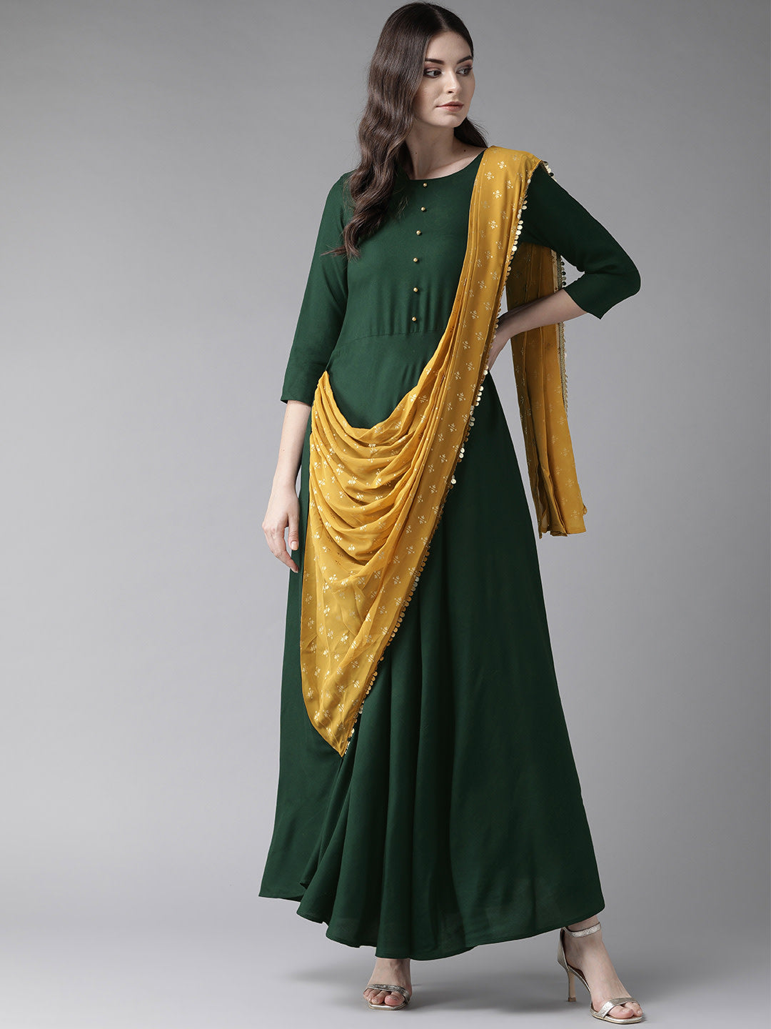 Green & Mustard Yellow Solid Maxi Dress With Attached Dupatta