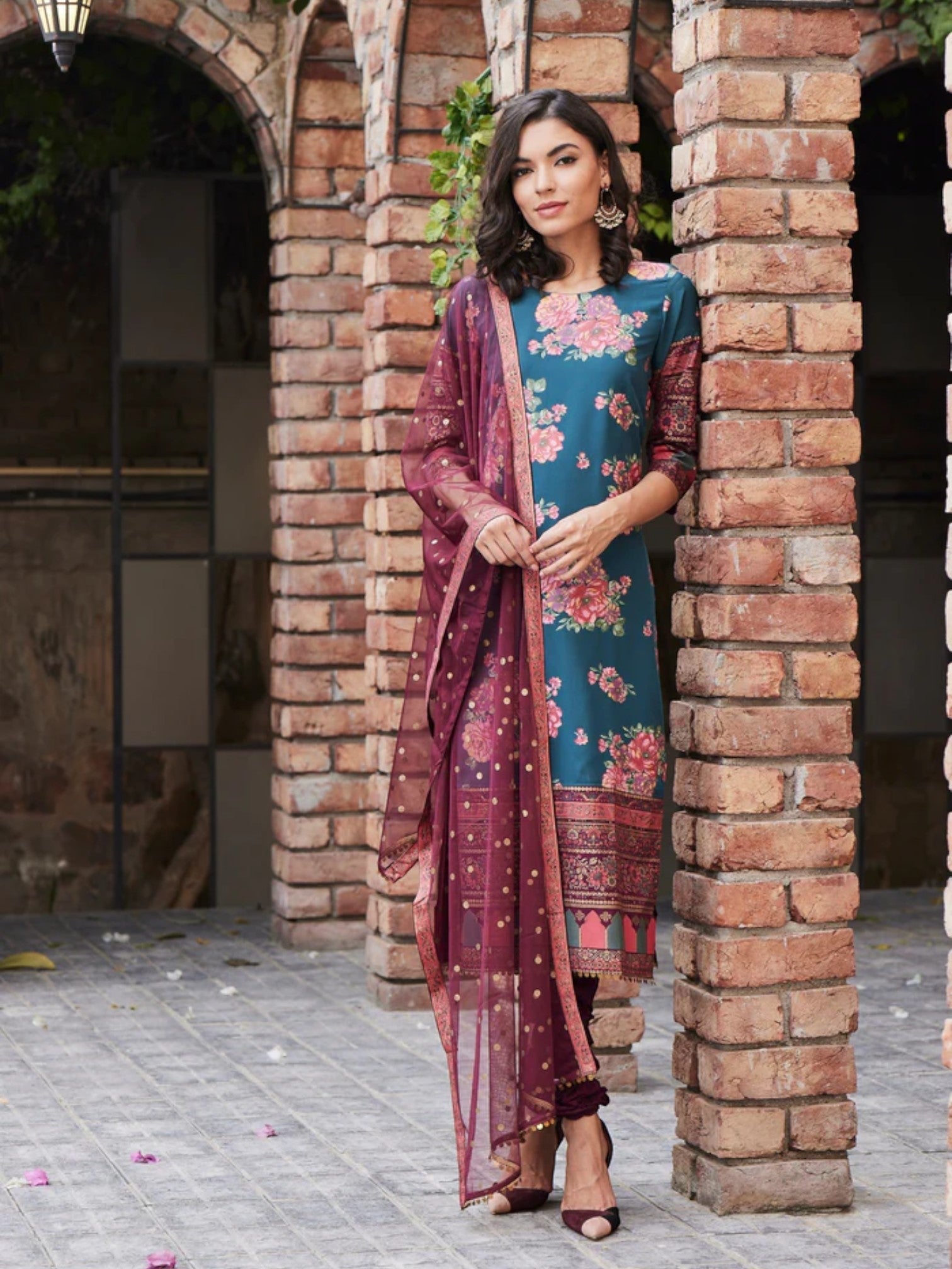 Green & Burgundy Printed Kurta with Churidar & Dupatta