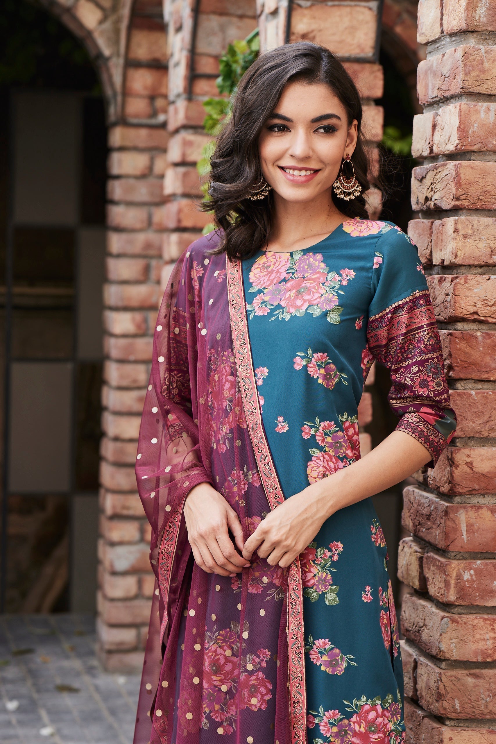 Green & Burgundy Printed Kurta with Churidar & Dupatta