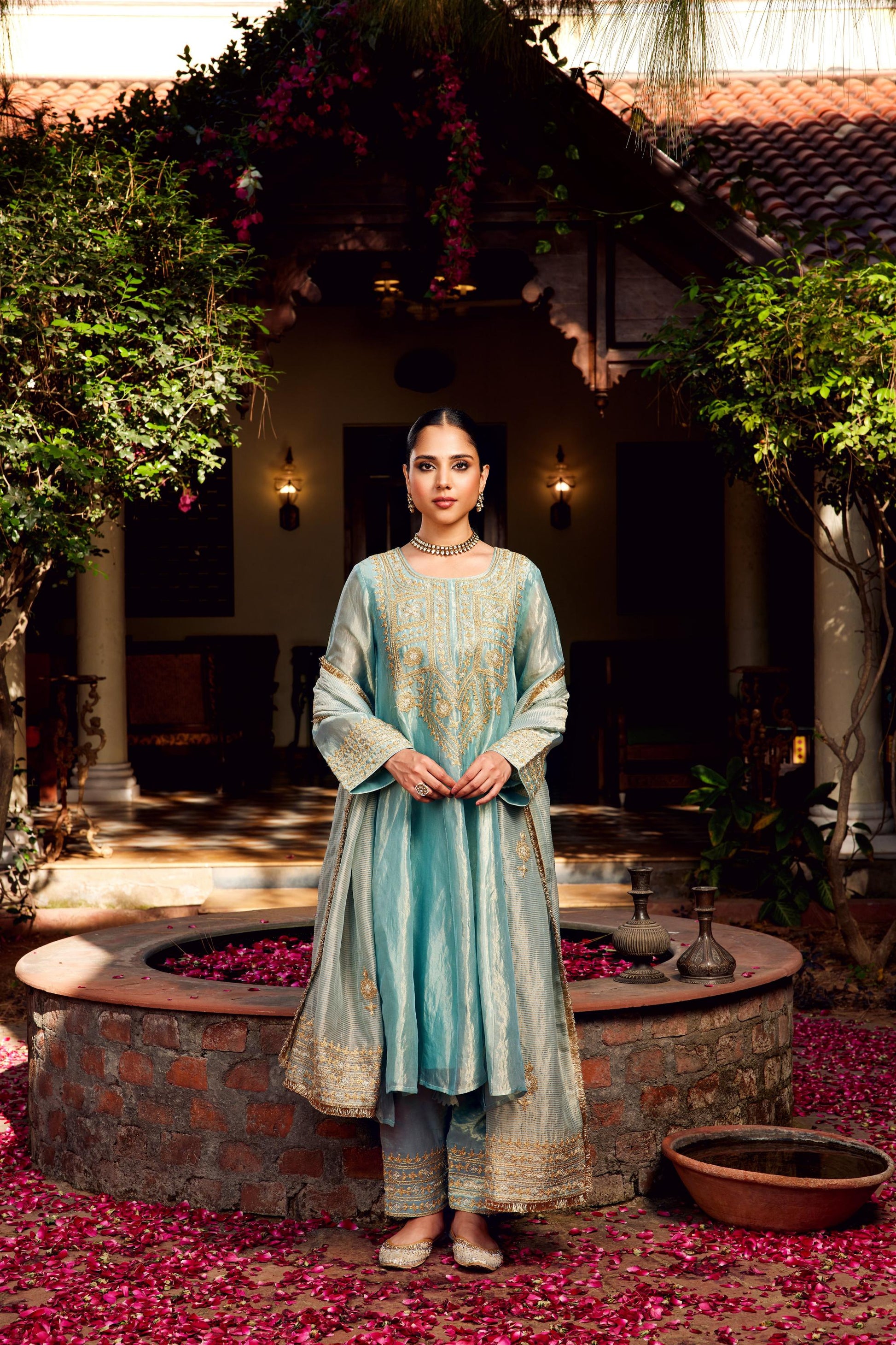 Aqua Blue Tissue Anarkali Inayat Kurta Set of 3- IT