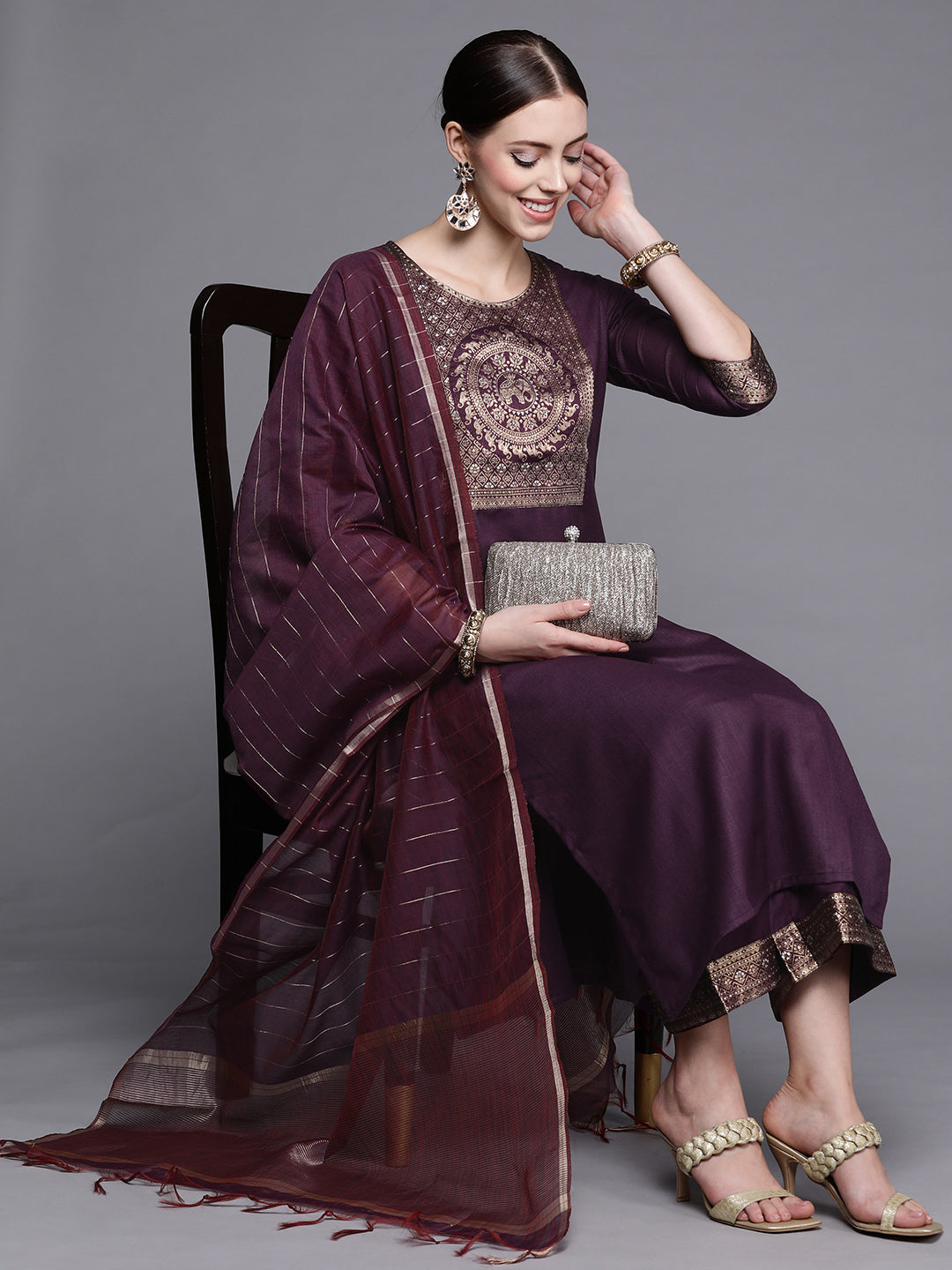 Solid Wine Straight Kurta Palazzo With Dupatta Set