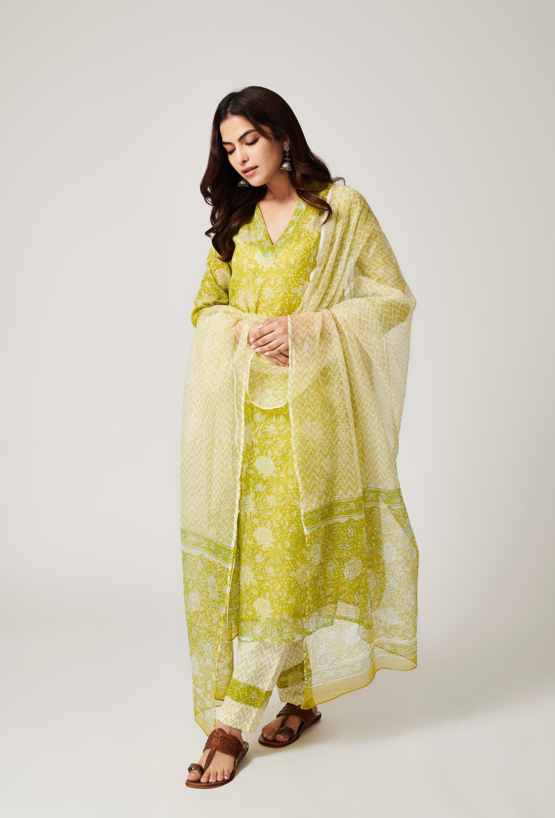 Kamal Lime Green Kota Doria Set of 3-FL