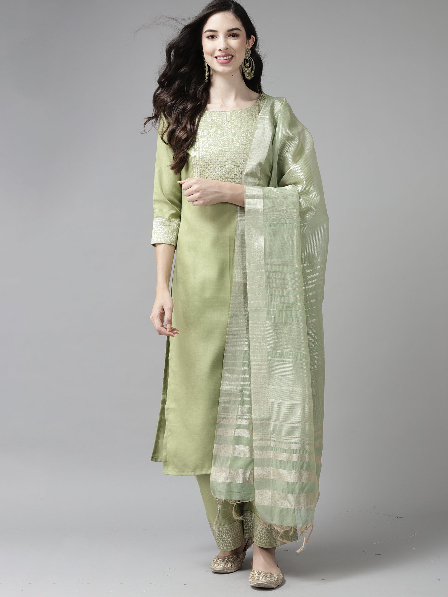 Solid Green Straight Kurta Palazzo With Dupatta Set