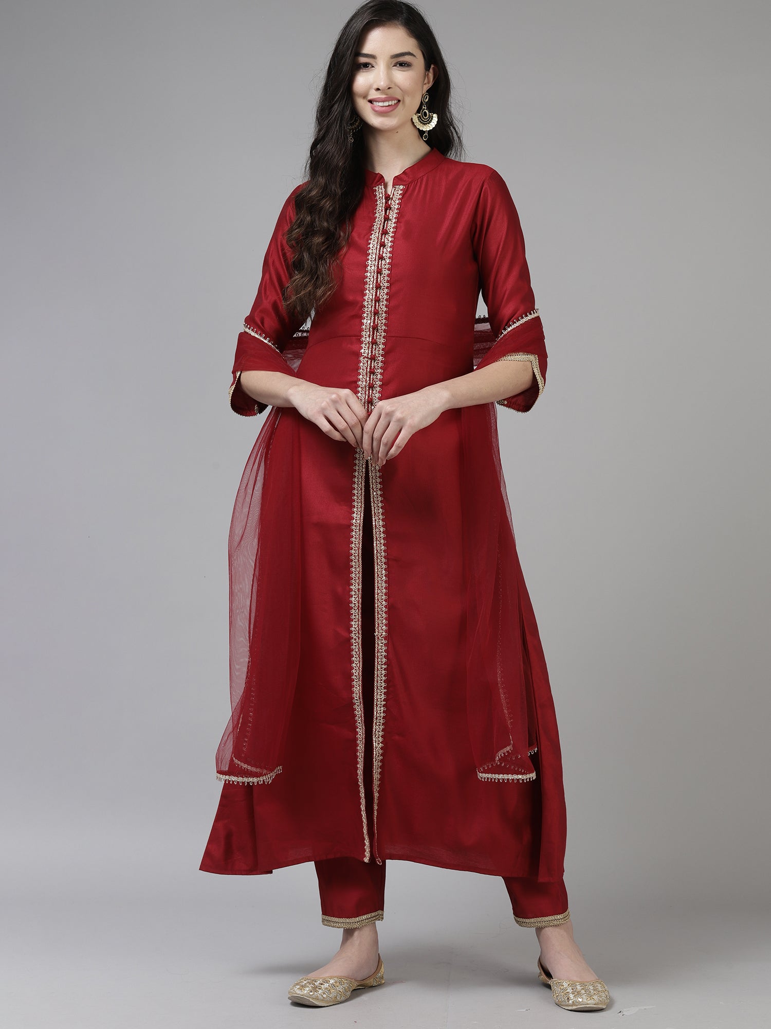 Red Embroidered Straight Kurta Trouser With Dupatta Set