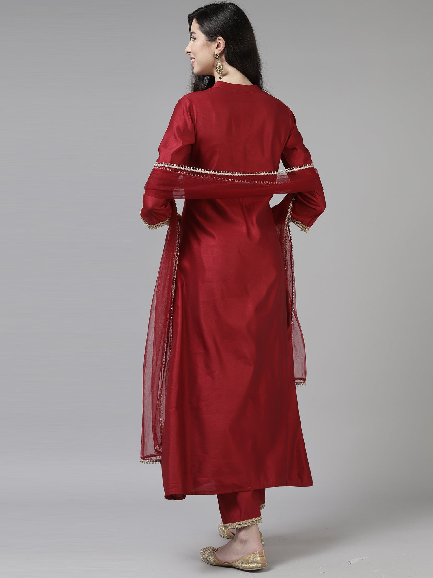 Red Embroidered Straight Kurta Trouser With Dupatta Set