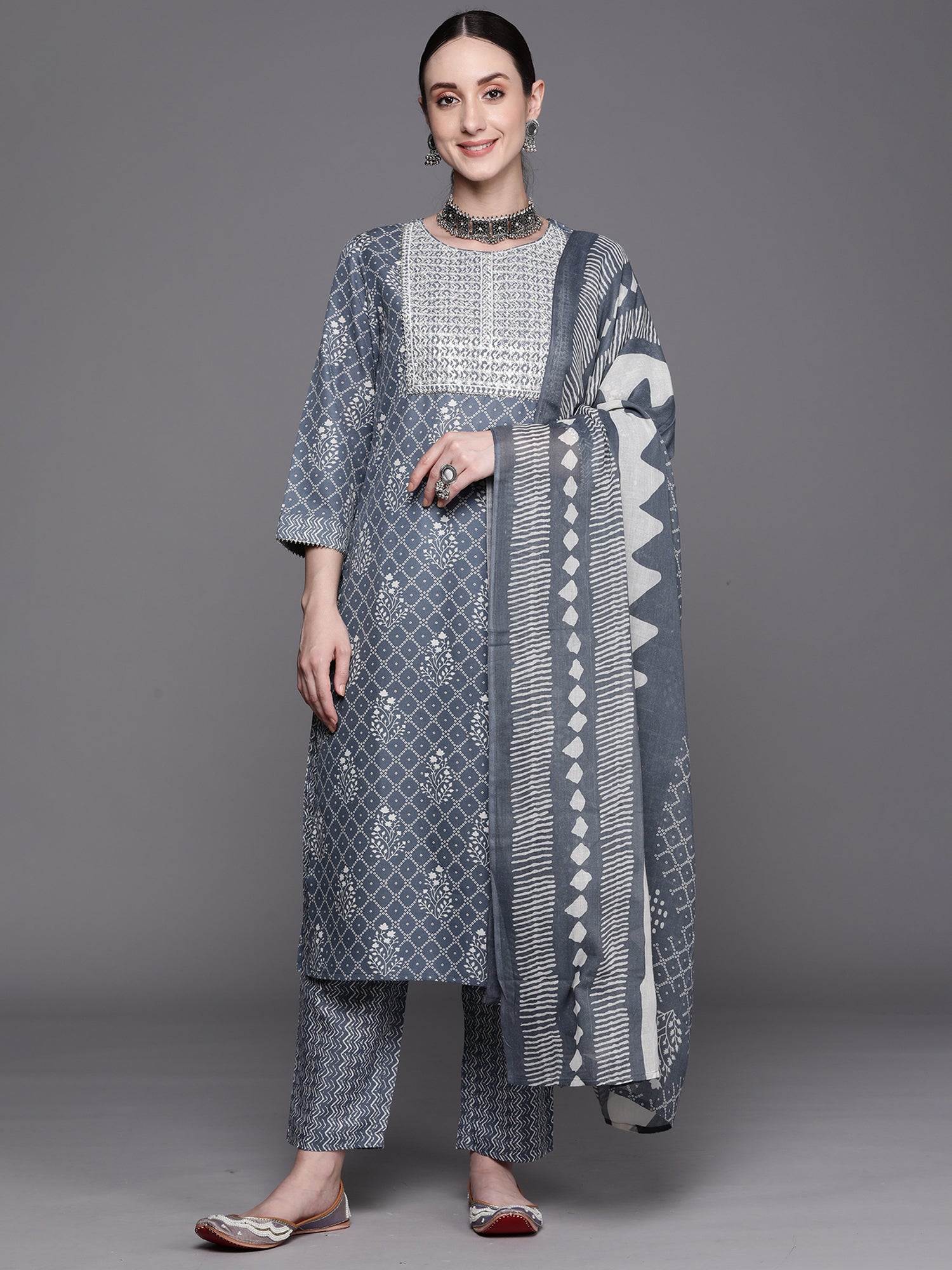 Blue Printed Straight Kurta Trousers With Dupatta Set