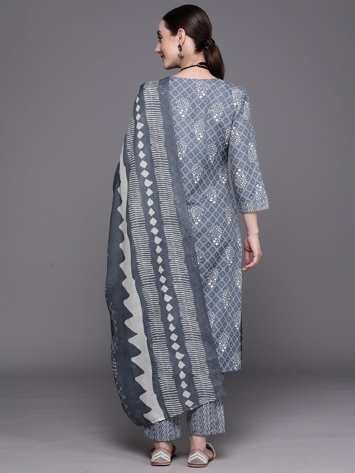 Blue Printed Straight Kurta Trousers With Dupatta Set