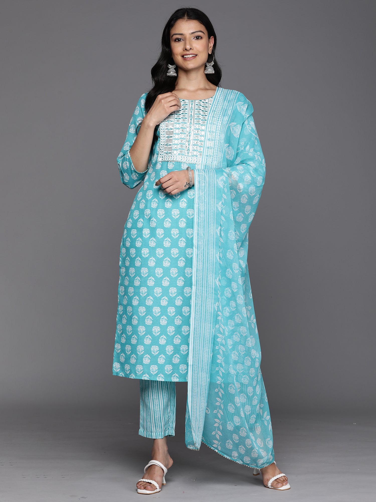 Blue Printed Straight Kurta Trousers With Dupatta Set