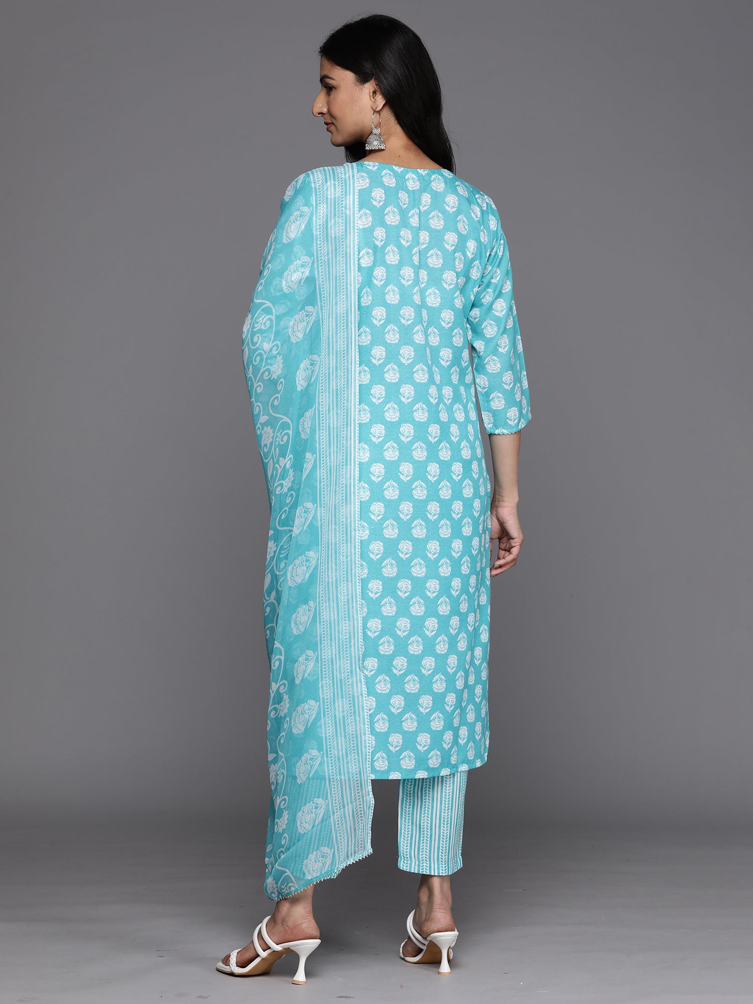 Blue Printed Straight Kurta Trousers With Dupatta Set