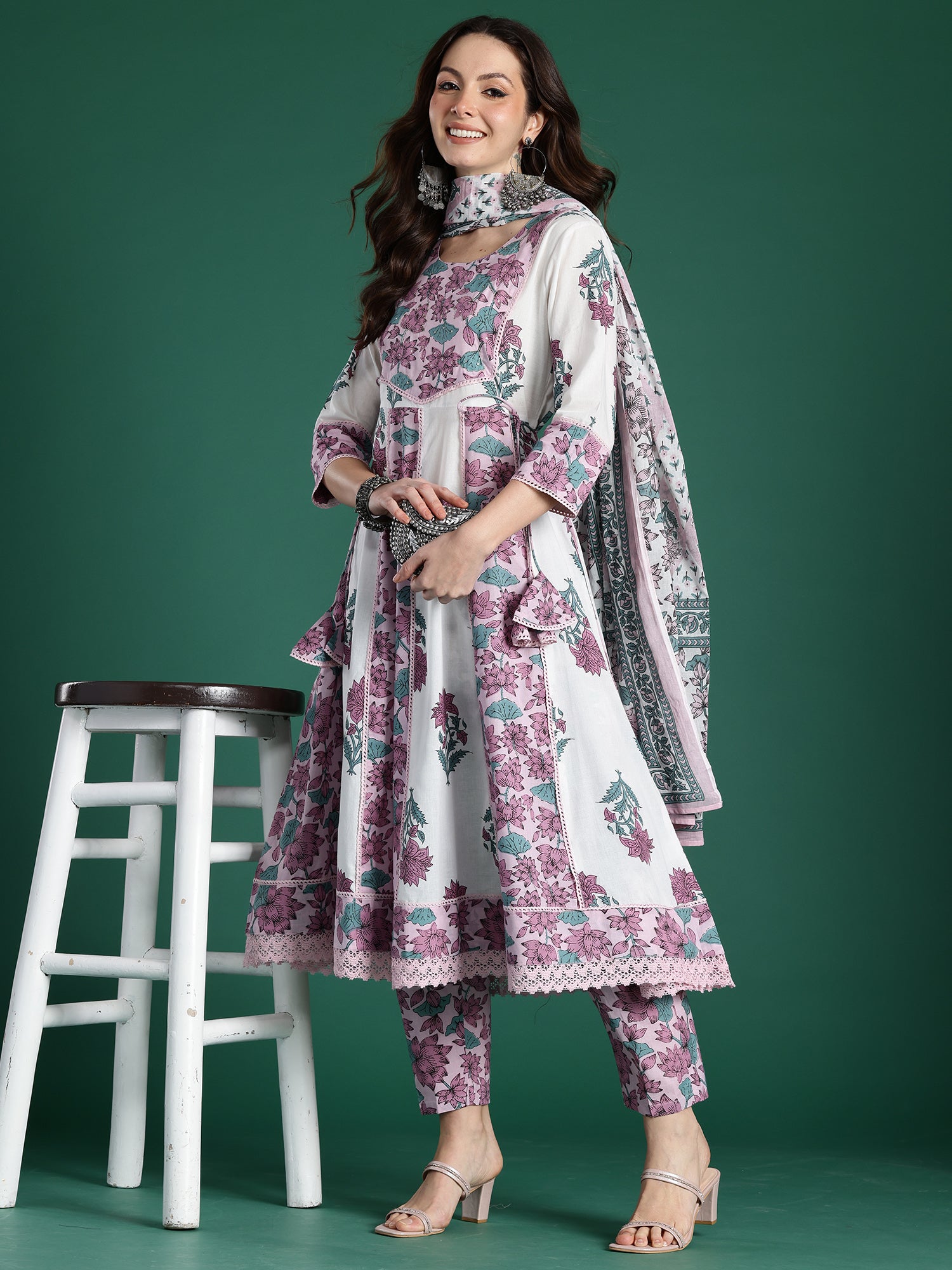 Indo Era Multi Printed Anarkali Kurta Trousers With Dupatta Set- IE