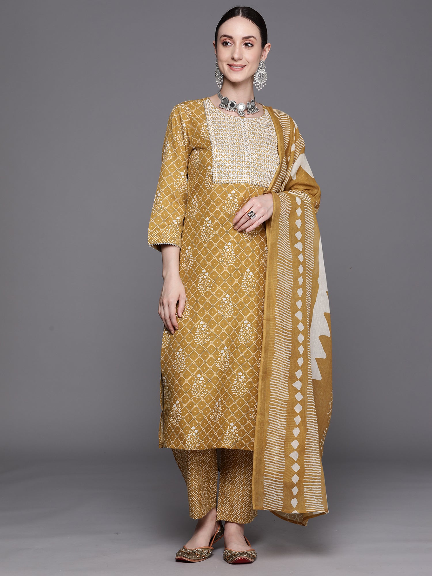 Mustard Printed Straight Kurta Trousers With Dupatta set