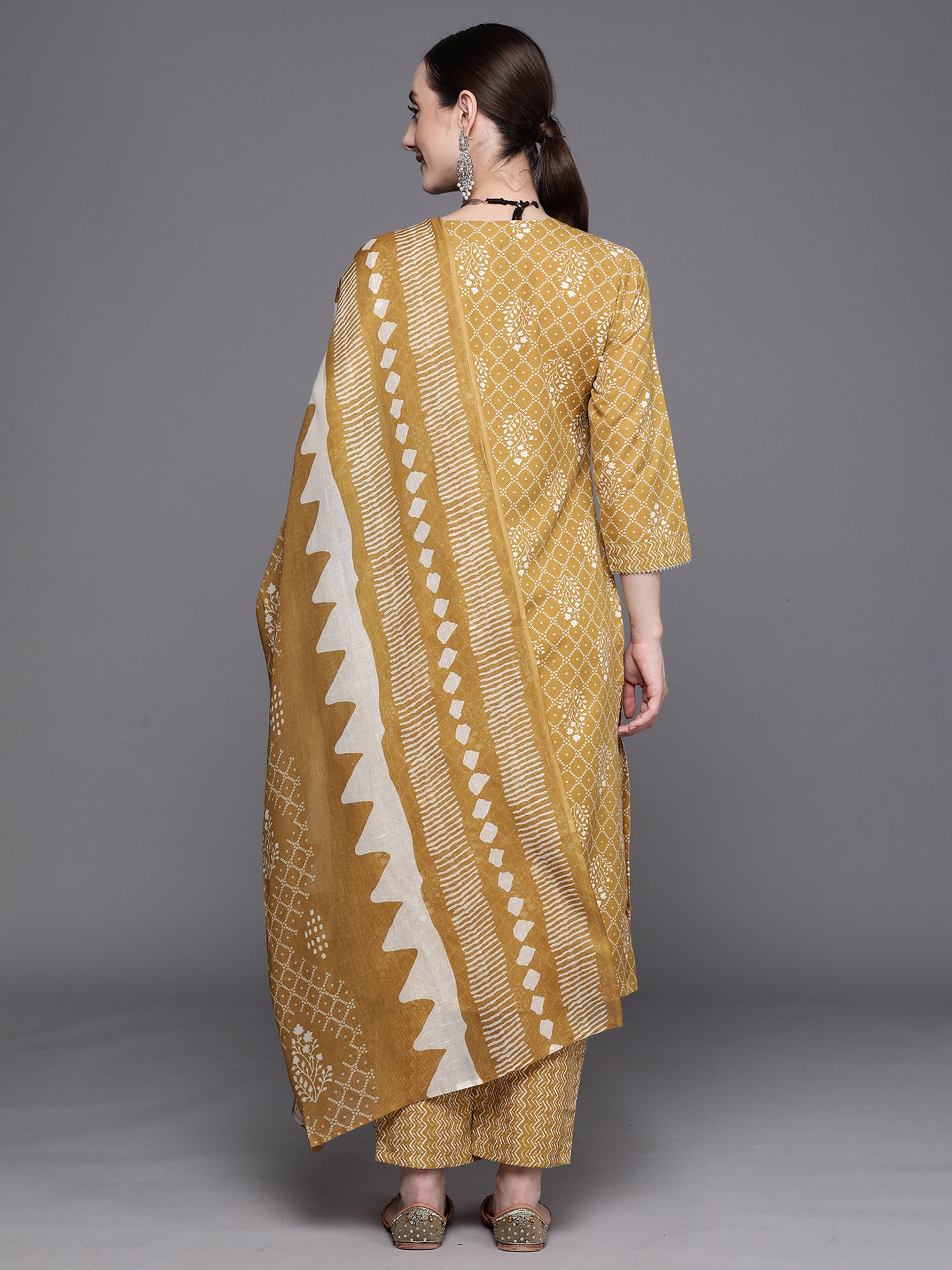 Mustard Printed Straight Kurta Trousers With Dupatta set