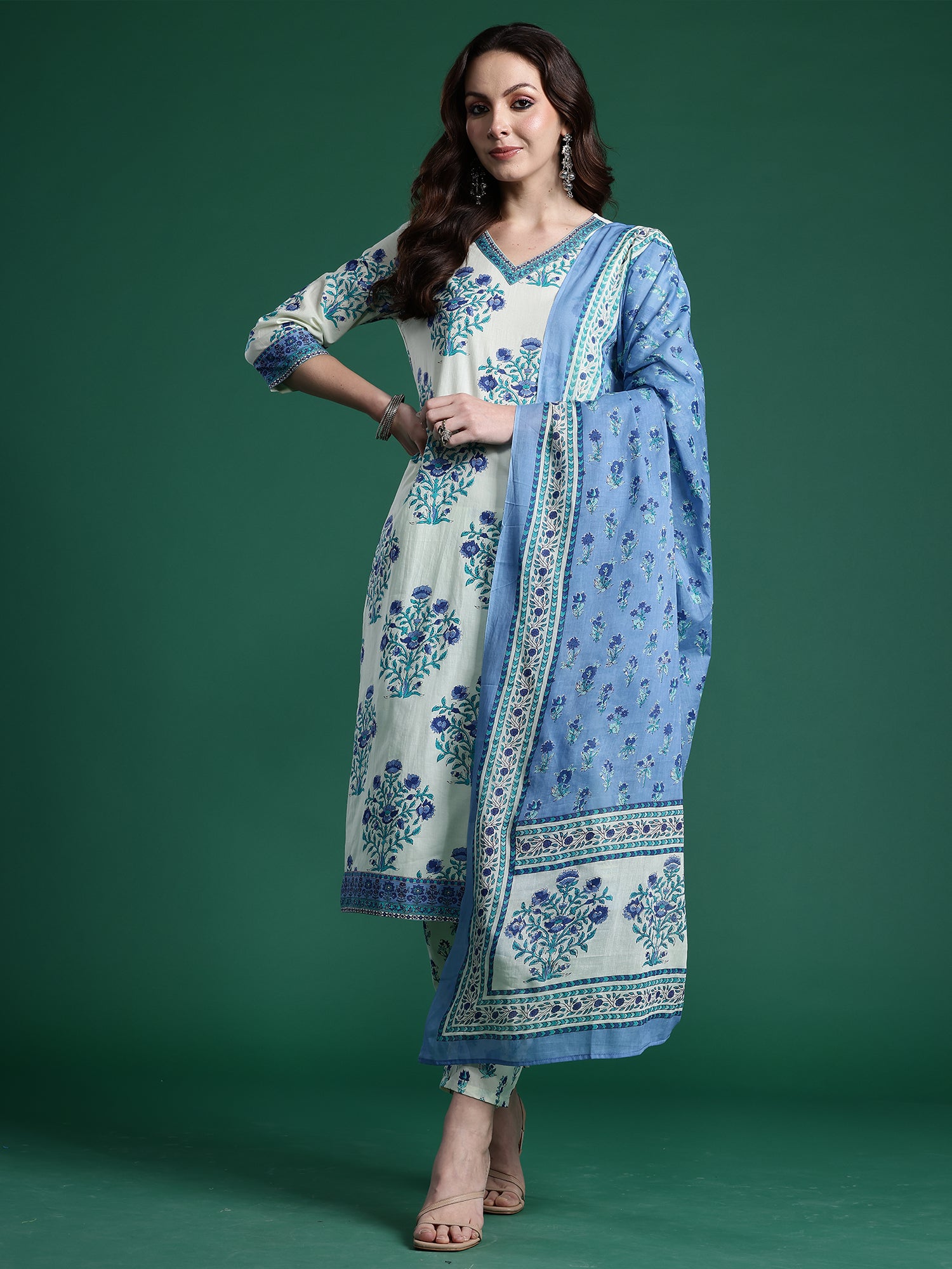 Indo Era Off White Printed Straight Kurta Trousers With Dupatta Set- IE