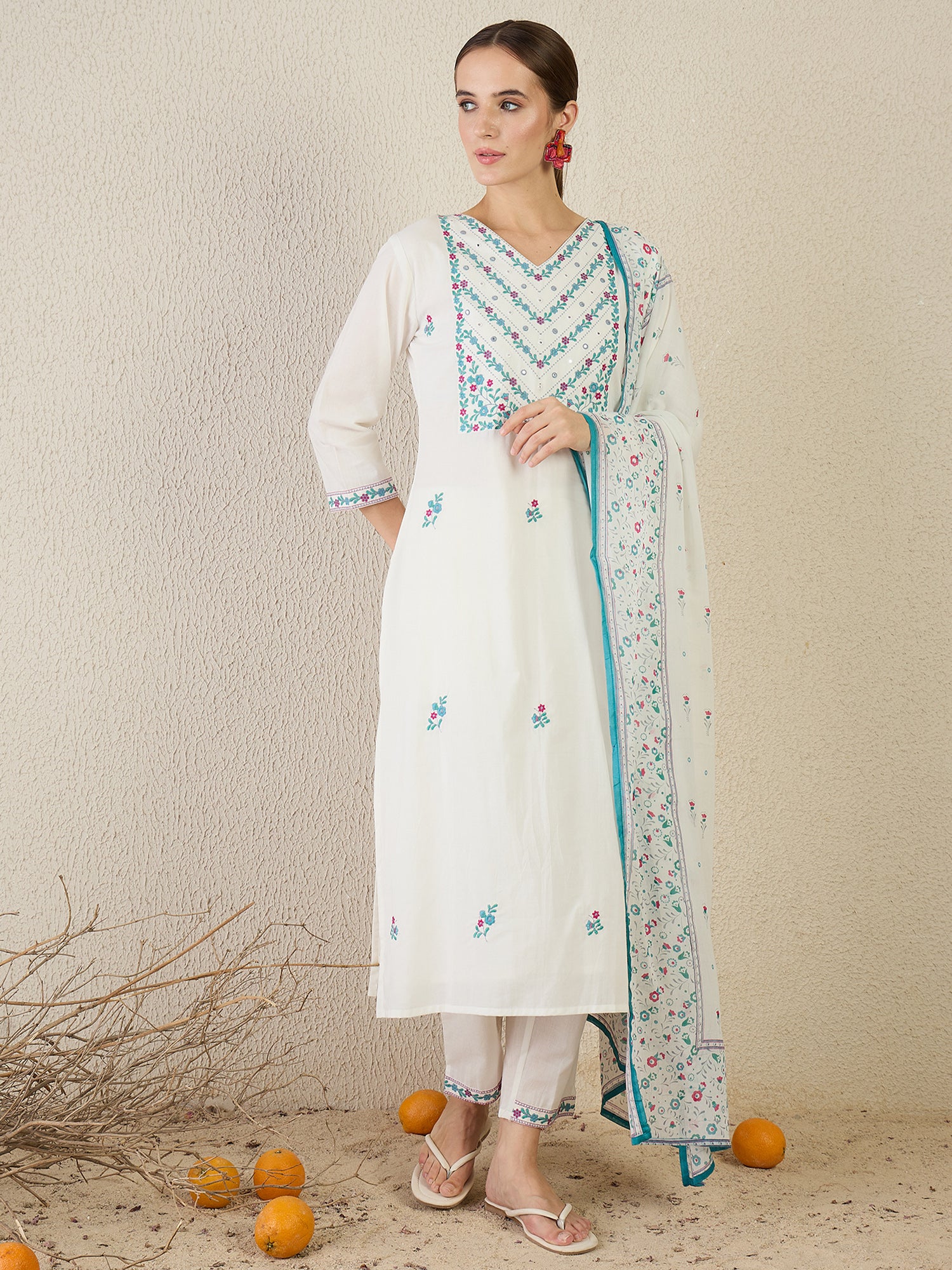 Indo Era White Embroidered Straight Kurta Trousers With Dupatta set- IE