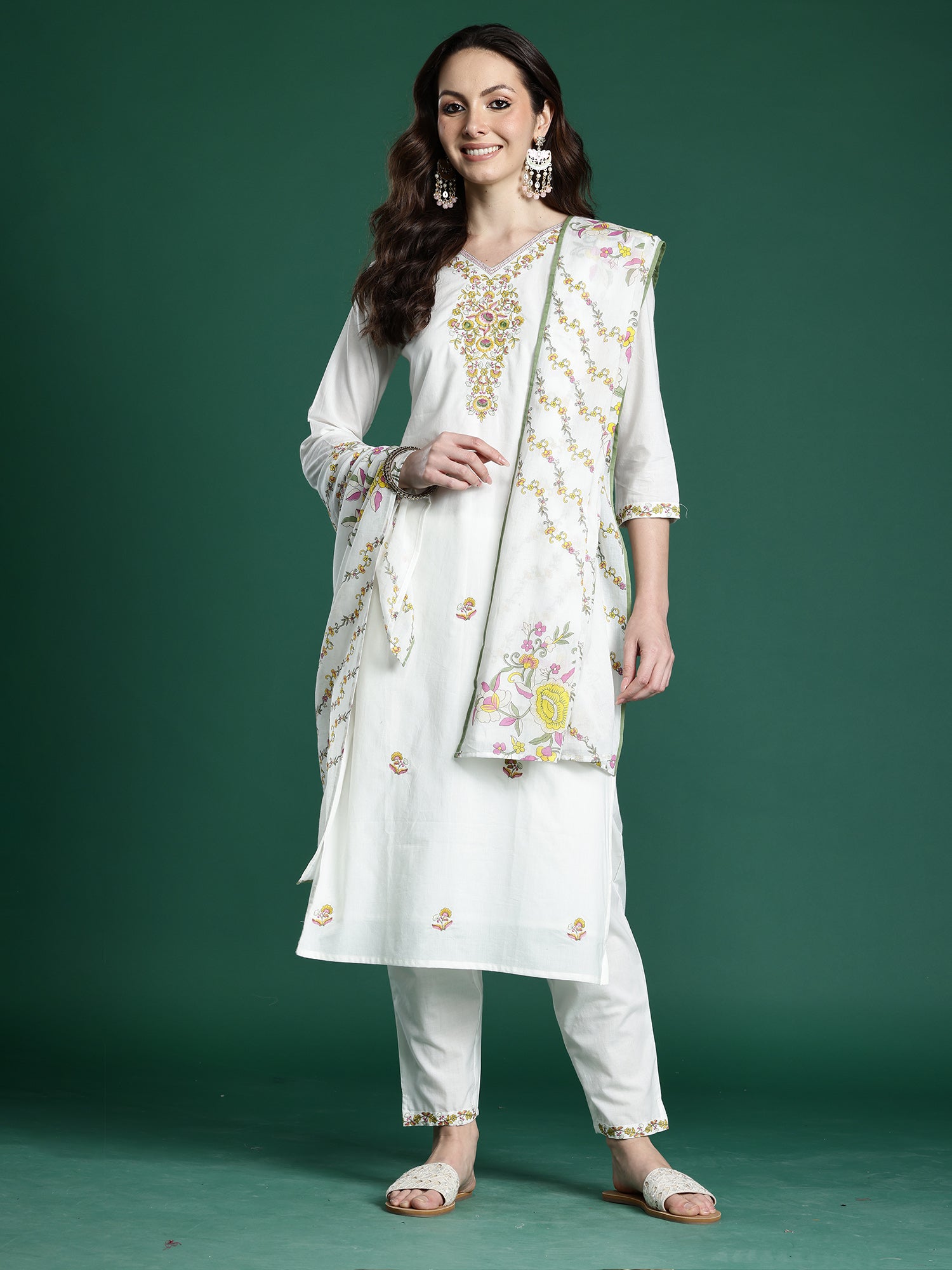 Indo Era White Embroidered Straight Kurta Trousers With Dupatta set- IE